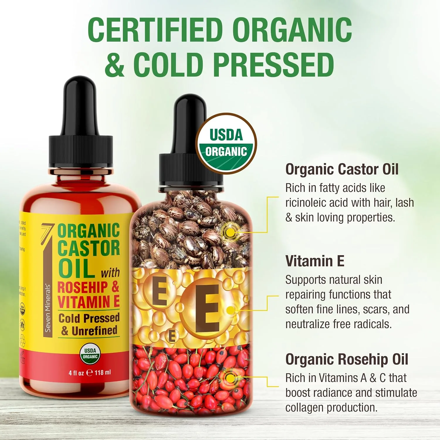 Seven Minerals Organic Castor Oil with Rosehip & Vitamin E for Eyelashes, Eyebrows, Face & Hair Growth - Glass Bottle, Cold Pressed & Hexane Free - Hydrates & Boosts Natural Hair Growth - 4 fl oz