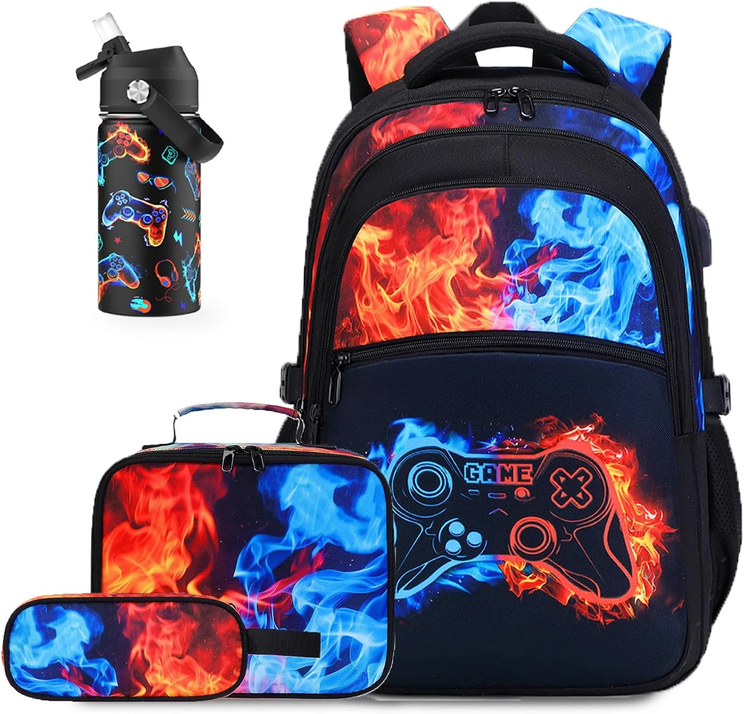DIGOBAY Boys Backpack for School, 6PCS Cool Luminous Gamer Backpack for Boys with 14oz Insulated Water Bottle Lunch Box Pencil Case, Kids Backpacks Bookbag for Teen Boys Elementary Middle High School