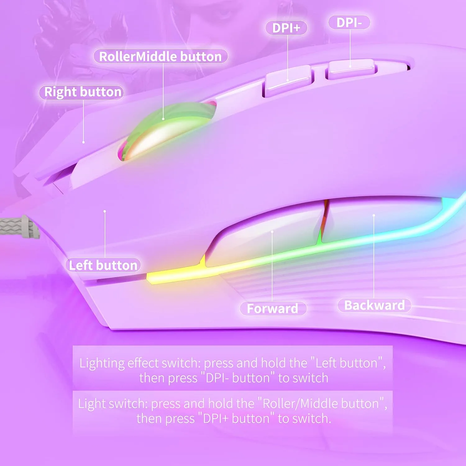 RGB Gaming Mouse Wired, 6400 DPI & 7 Buttons, Lilac
