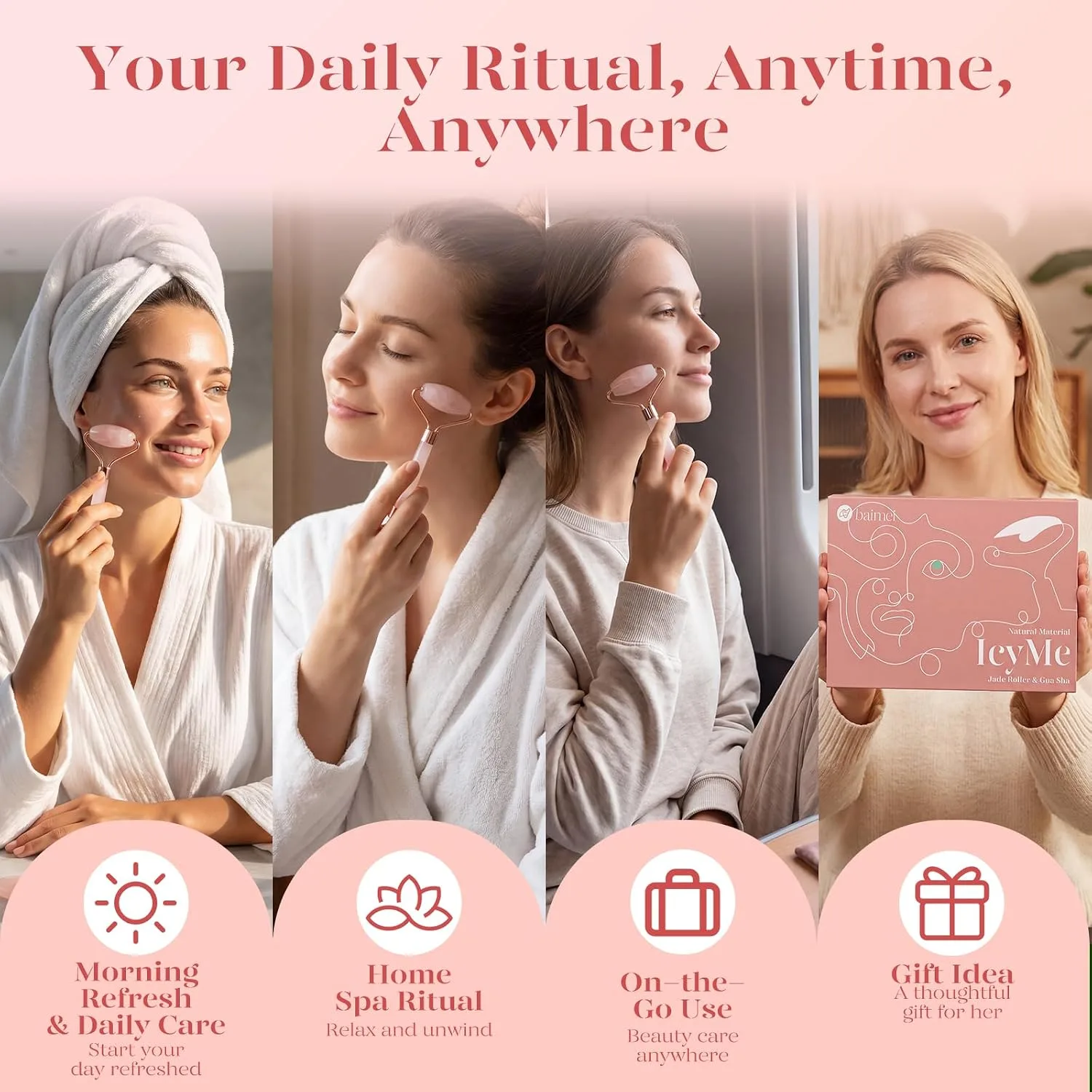 BAIMEI IcyMe Rose Quartz Roller & Gua Sha Facial Tool Set for Depuffing