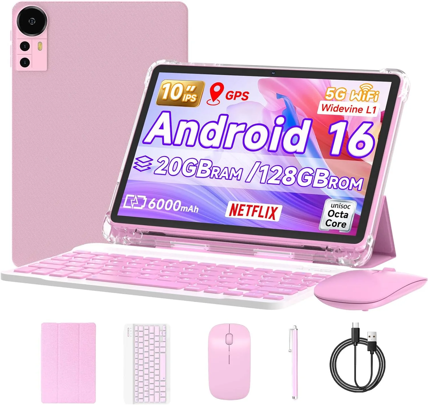 DIGITHINK 128GB Tablet PC 10 inch Android 16.0, Android Tablets, DDR4 4GB RAM+16GB Extend 20GB ROM 2MP+8MP Dual Camera, 2.4G+5G WiFi, Bluetooth 1TB Expand 10 in IPS Tab(Pink)