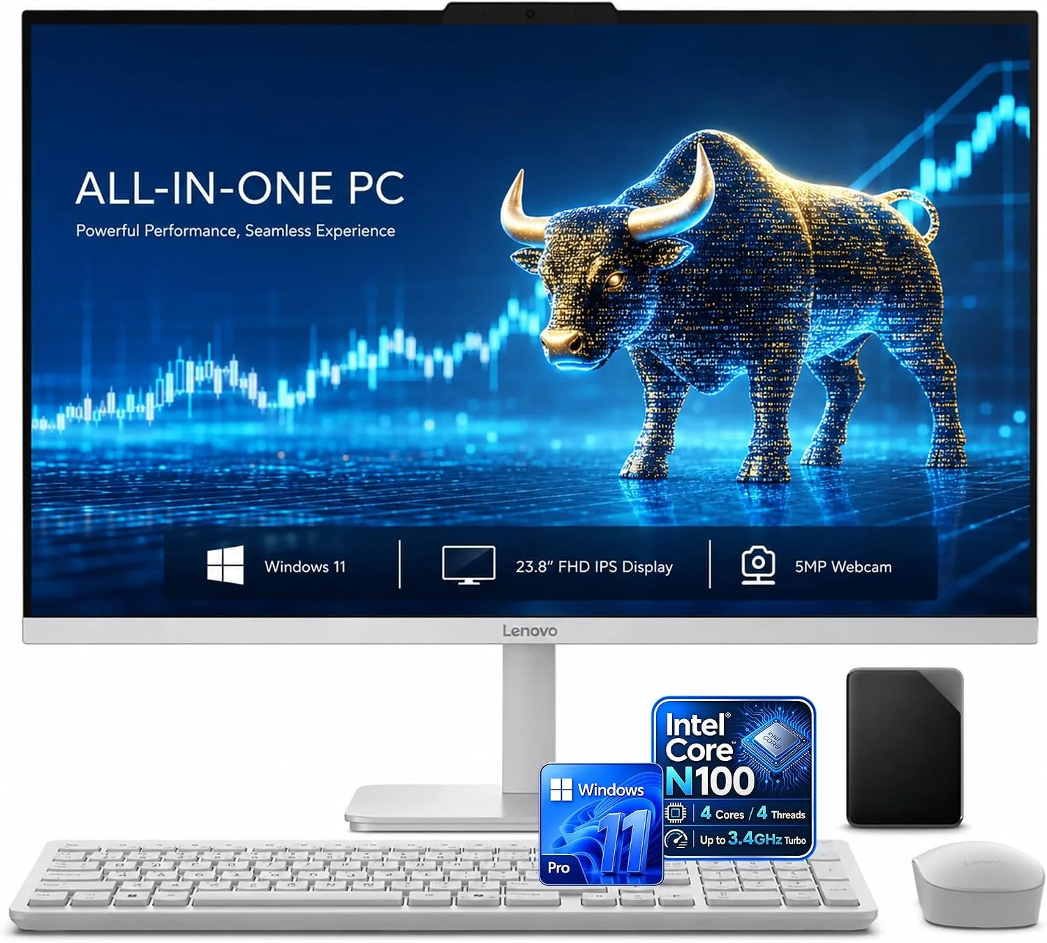 Lenovo 24 Inch All in One Desktop, Intel Quad-Core CPU, Full HD Display, 16GB RAM, 1TB Storage (512GB SSD On Board+512GB External), Wi-Fi 6, Bluetooth, USB, Windows 11, HDMI Out, Wireless KB & Mouse