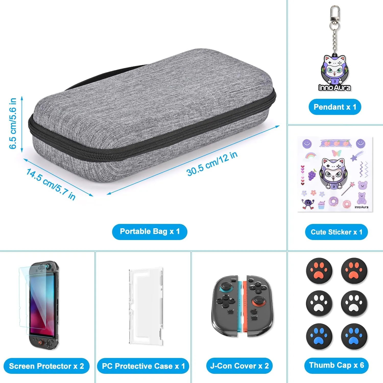 innoAura Switch 2 Case 14-in-1 Bundle for NS Switch 2 (2025), with Carrying Case, Protective Cover, Thumb Grips, Screen Protector, Cute Pendant and Sticker, Gray