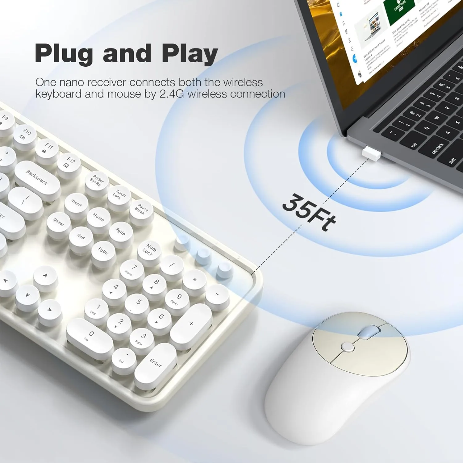 MOFII Wireless Keyboard and Mouse Combo, Computer Full Size 2.4G Plug and Play Wireless Typewriter Retro Round Keyboard and Mouse Set for Windows, Computer, Desktop, PC, Notebook - (Off White)