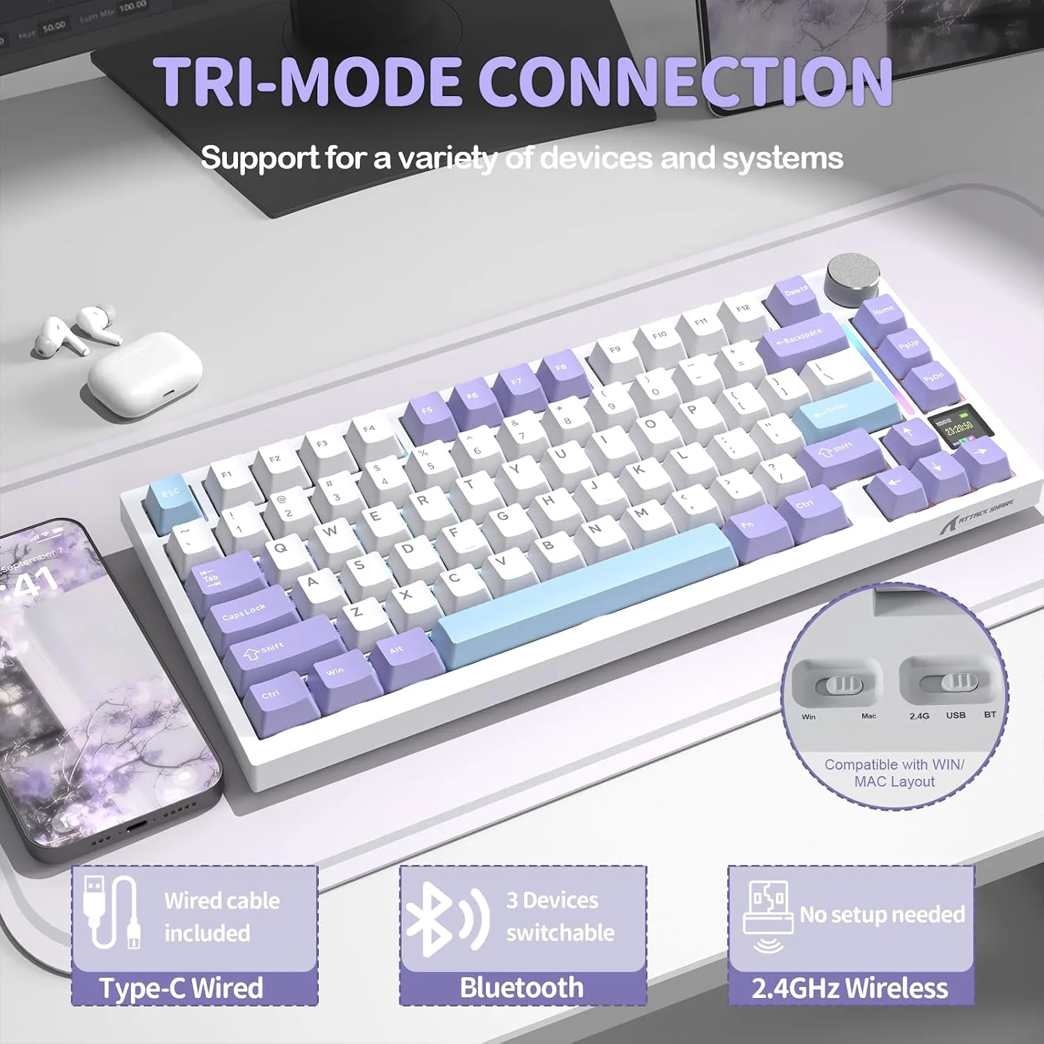 ATTACK SHARK X820 Ultra 75% Wireless Gaming Mechanical Keyboard Hot-Swappable Gasket Mount RGB Backlit BT/2.4G/Wired Custom Keyboard with Smart TFT Display&Knob QMK Driver-Starlight White&Gift Switch