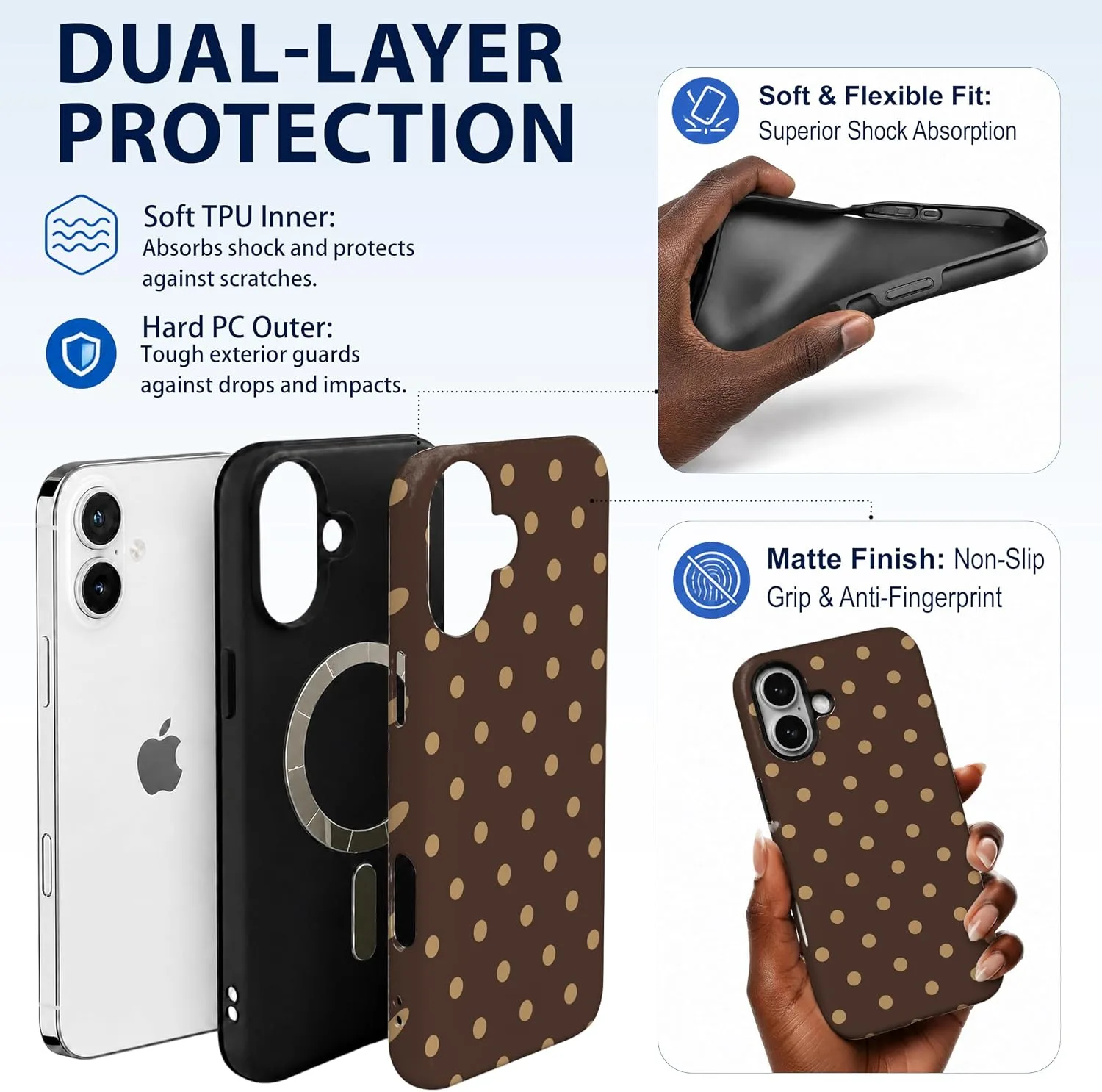 Magnetic for iPhone 16 Phone Case, Cute Brown & Cream Polka Dot