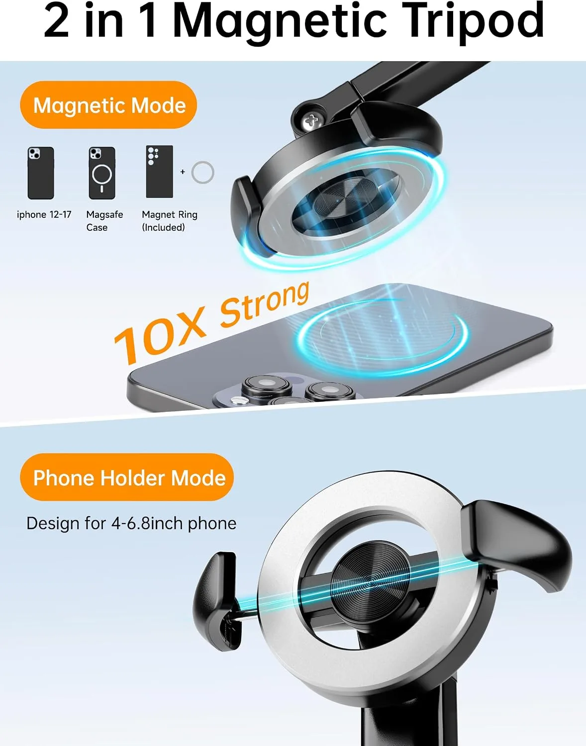 70" Magnetic Phone Tripod, Selfie Stick Tripod for iPhone MagSafe & Camera