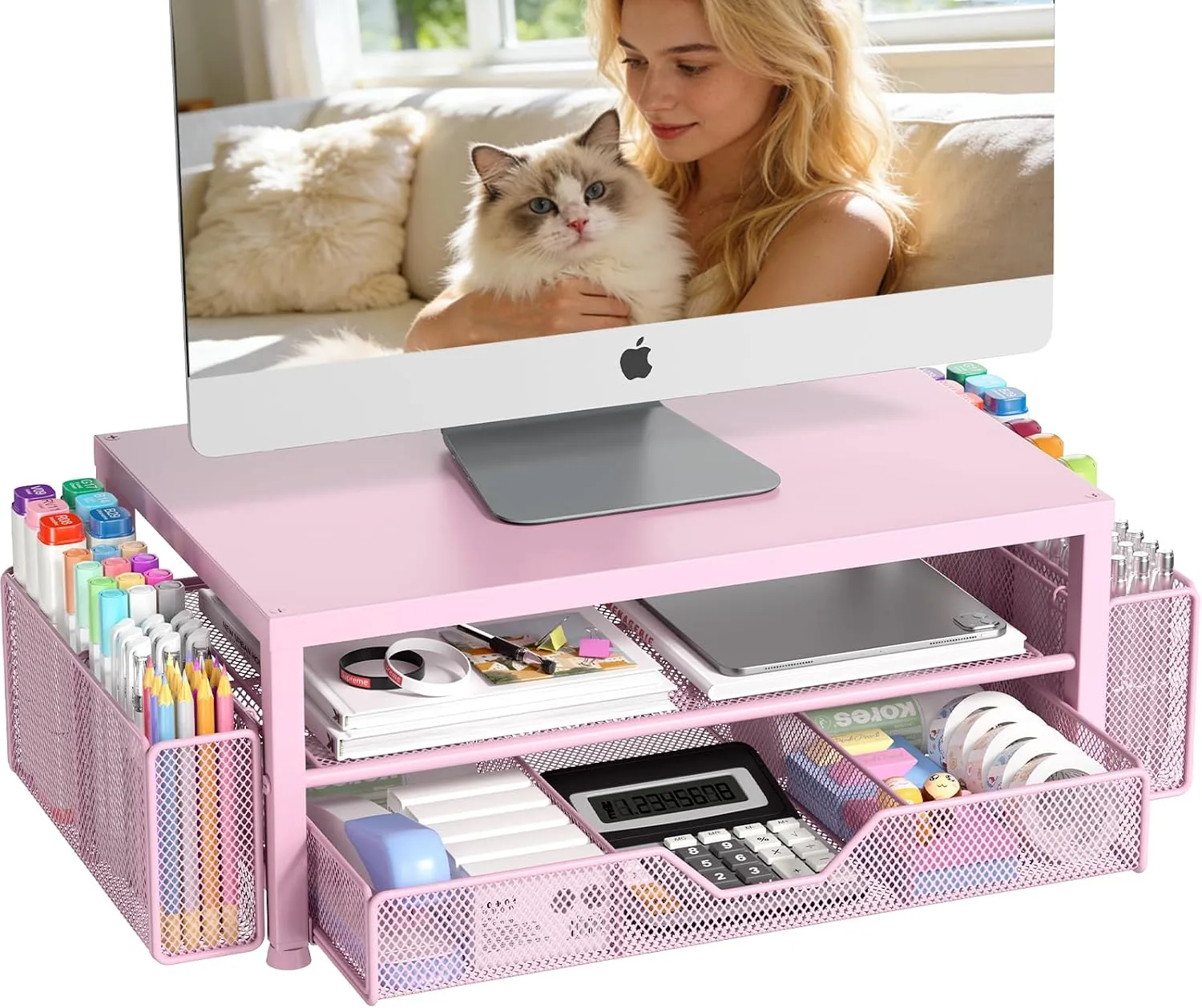 OPNICE Desk Organizer, Monitor Stand Riser with Drawer and 2 Pen Holders