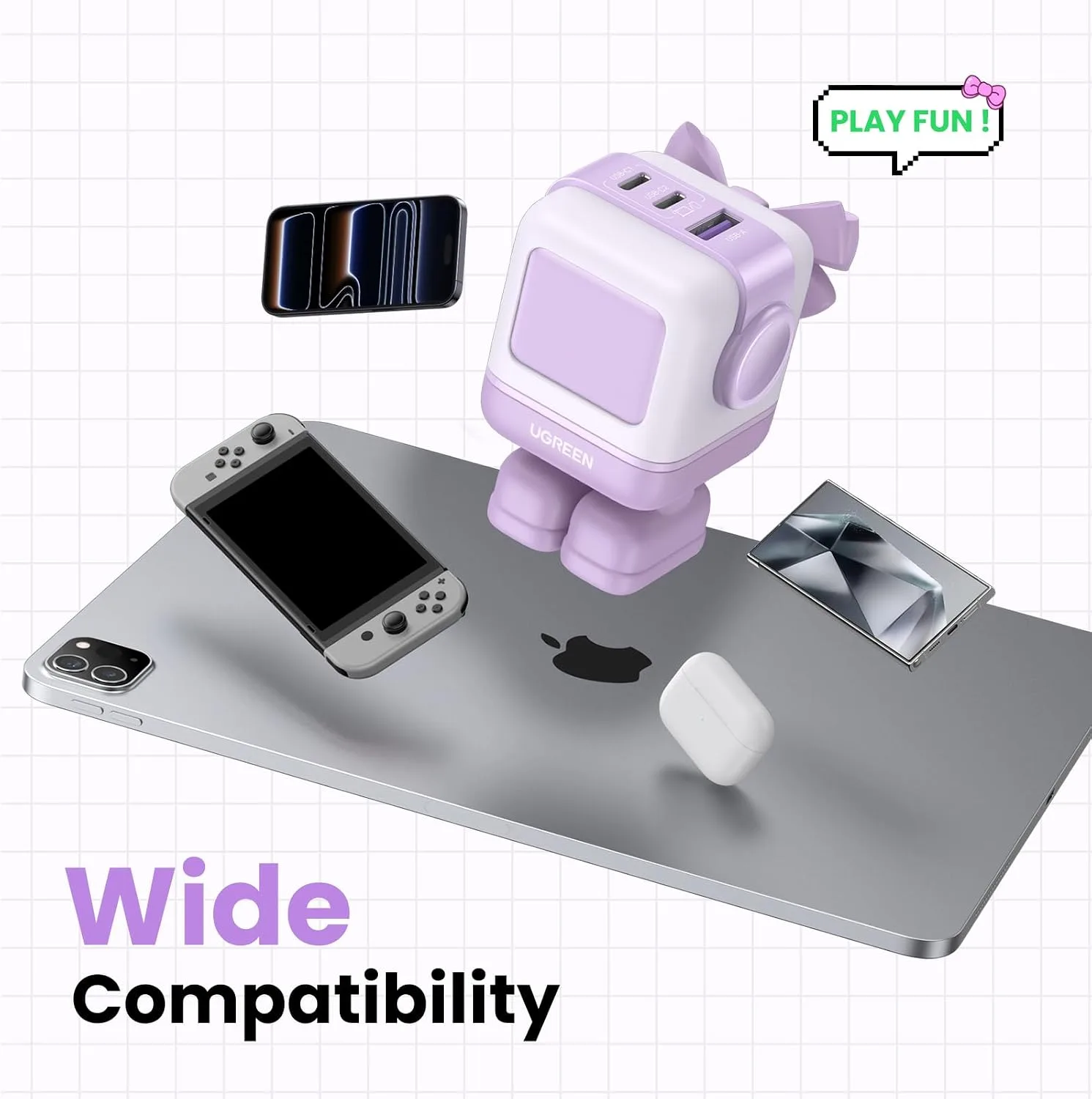 UGREEN Uno 65W 3-Port USB C Charger, GaN Fast Charging Block, Purple