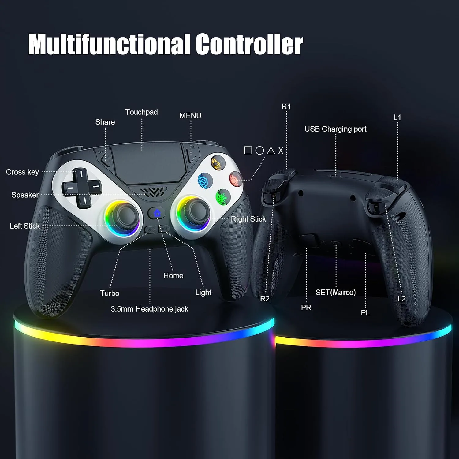 Gamrombo LED Wireless Controller for PS5, Compatible with PS5 Pro/Slim/PC, Dual Vibration, Macro/Turbo Function, 3.5mm Audio Jack, 6-Axis Motion Control Gamepad with Speaker