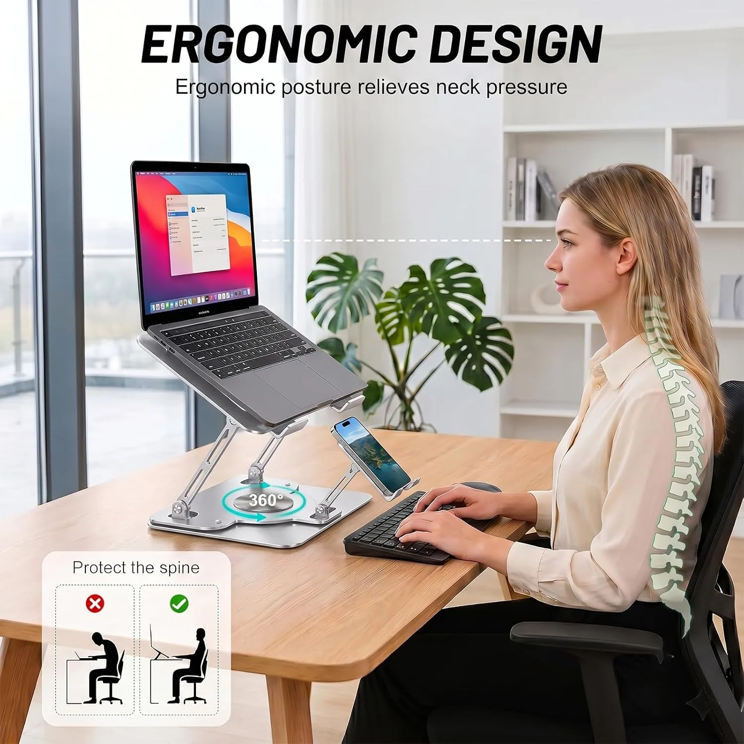 Adjustable 360°Rotating Laptop Stand, 2-in-1 Ergonomic Carbon Steel Laptop Riser with Detachable Phone Holder, Hollow Cooling Notebook Stand Fits 12.9-18 Inch Laptops (Silver)