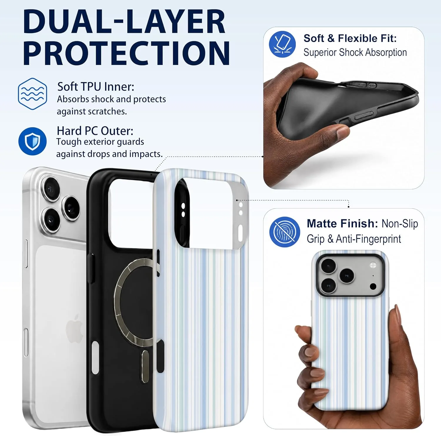 Magnetic for iPhone 17 Pro Max/18 Pro Max Phone Case, Pastel Blue Striped
