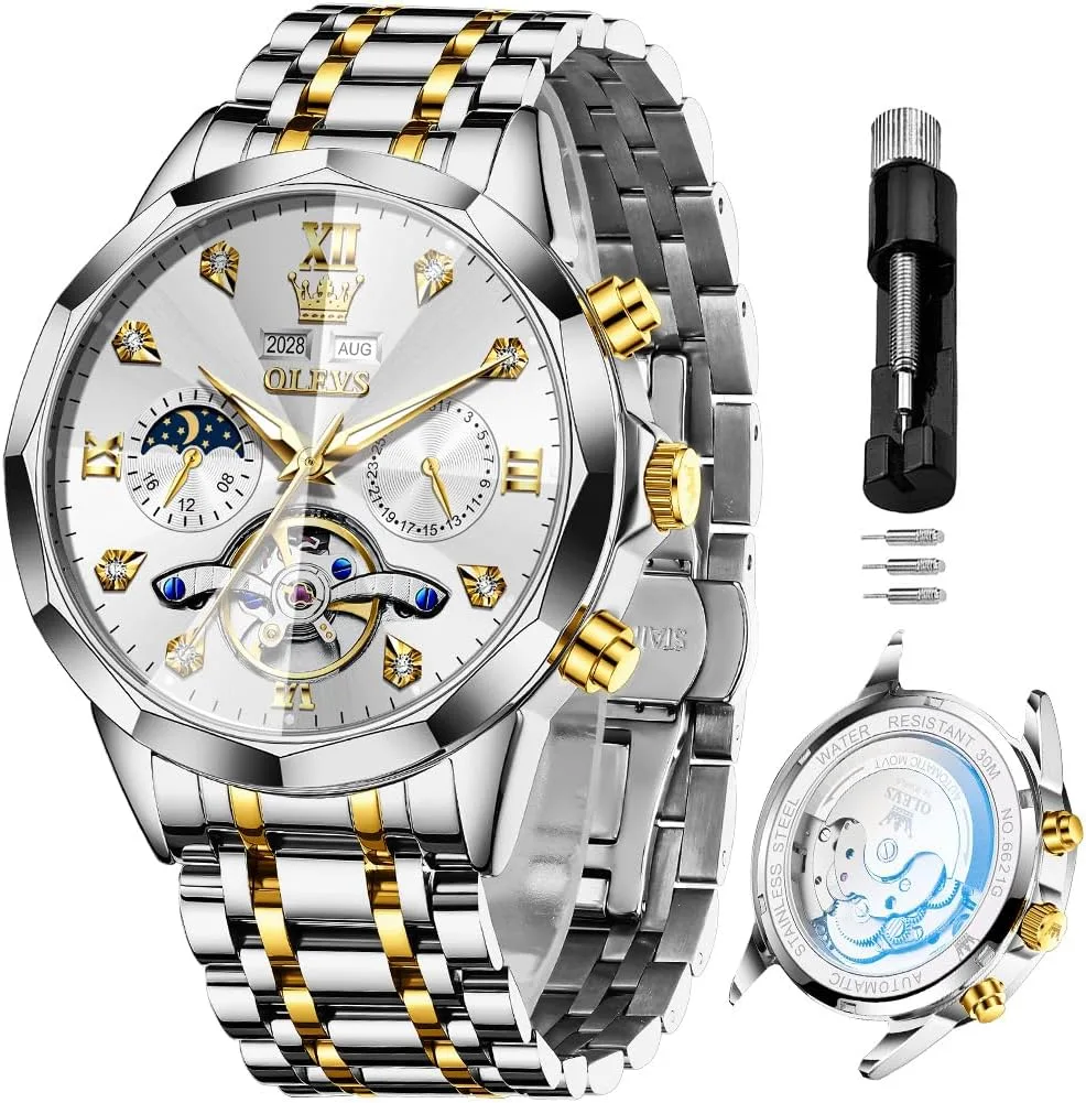 OLEVS Skeleton Men Watches Automatic Business Luxury Diamond Self Winding Watch for Men Stainless Steel Calendar Wrist Watch