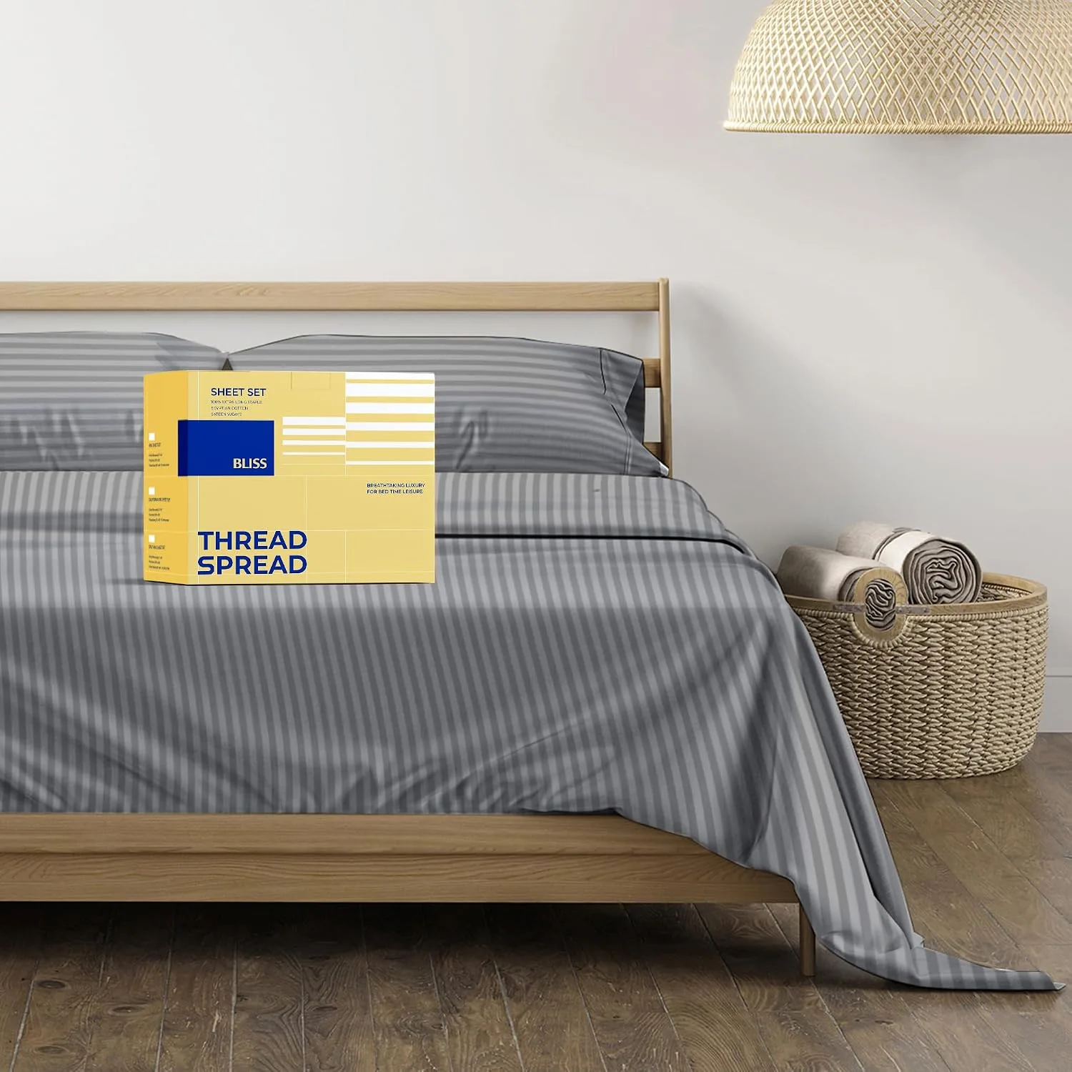 THREAD SPREAD Egyptian Cotton Sheets King Size - Luxury 600 Series King Size Sheets Set (4 PC, Dark Grey - Stripe), 16" Deep Pocket All Around Elastic, Cooling, Sateen, Durable Hotel Bed Sheet Sets