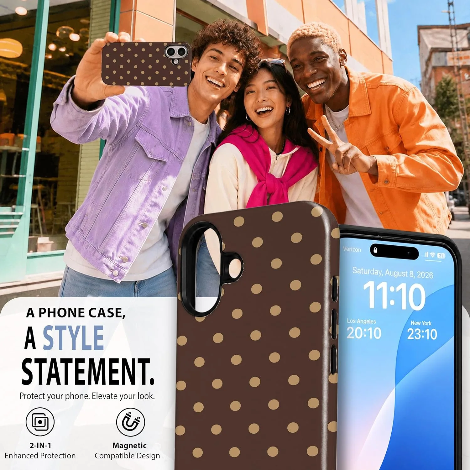 Magnetic for iPhone 16 Phone Case, Cute Brown & Cream Polka Dot