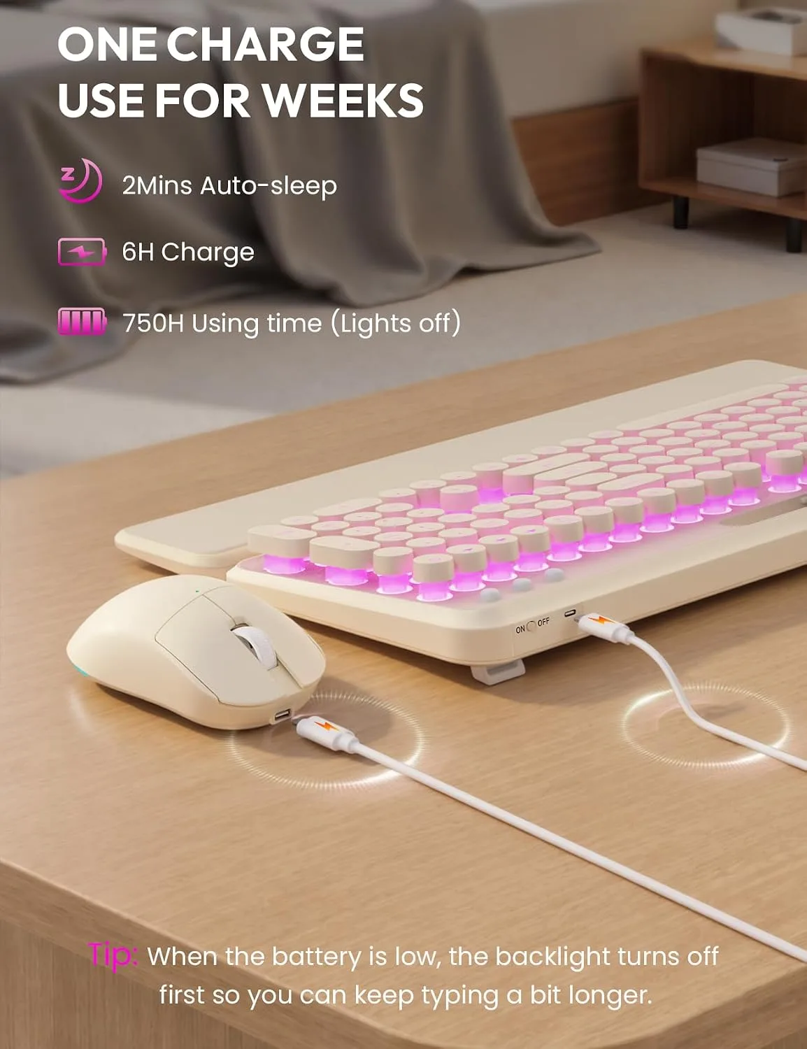 Wireless Keyboard and Mouse, Backlit Typewriter with Magnetic Wrist Rest