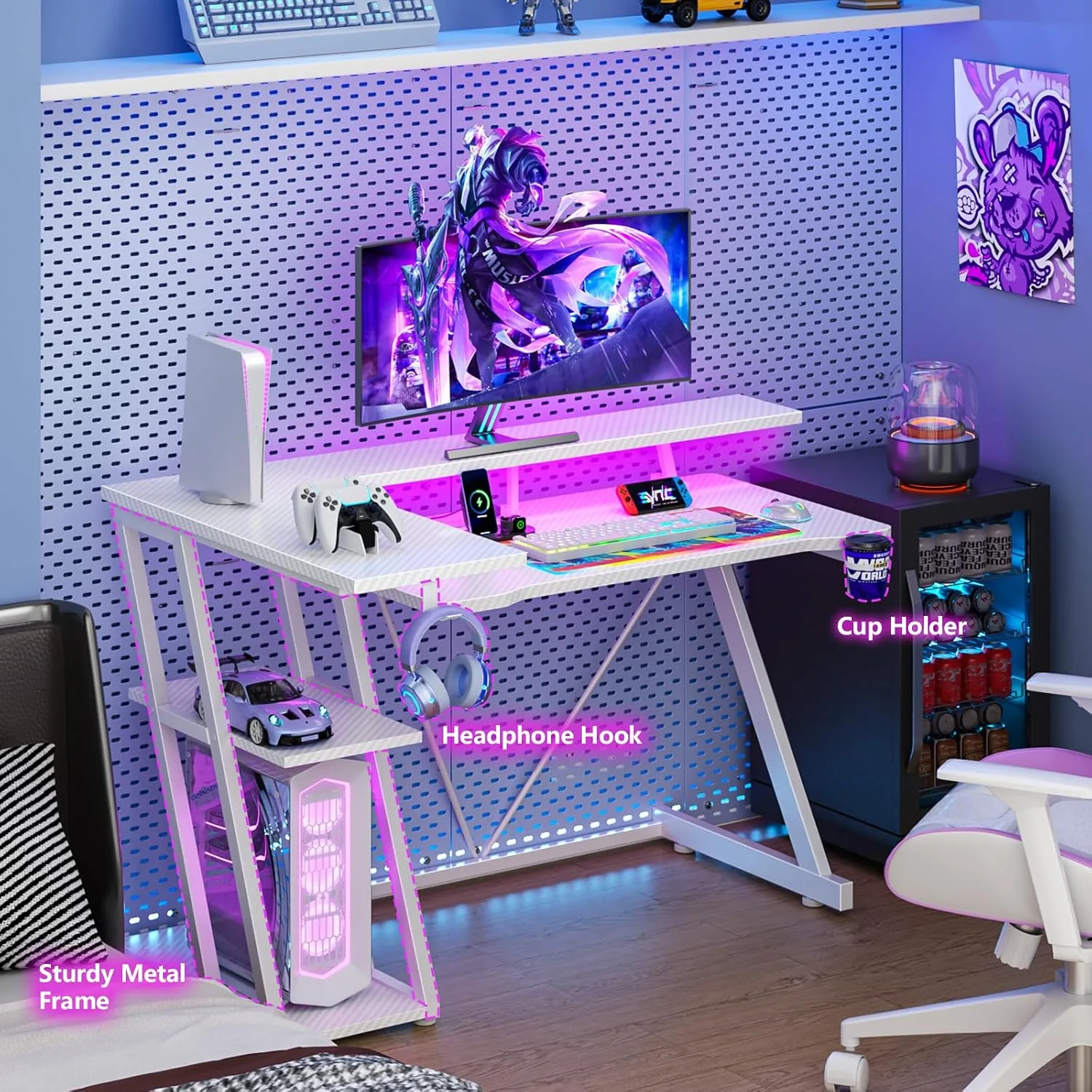 Korfile 40 Inch Gaming Desk with Power Outlet, LED, Carbon Fiber White