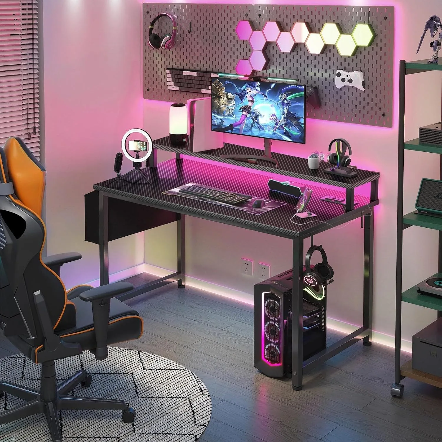 Lufeiya Gaming Desk with Power Outlets and LED Lights, 40 Inch Gamer Desk Table with Charging Station, Home Office Computer Desks with Monitor, Black