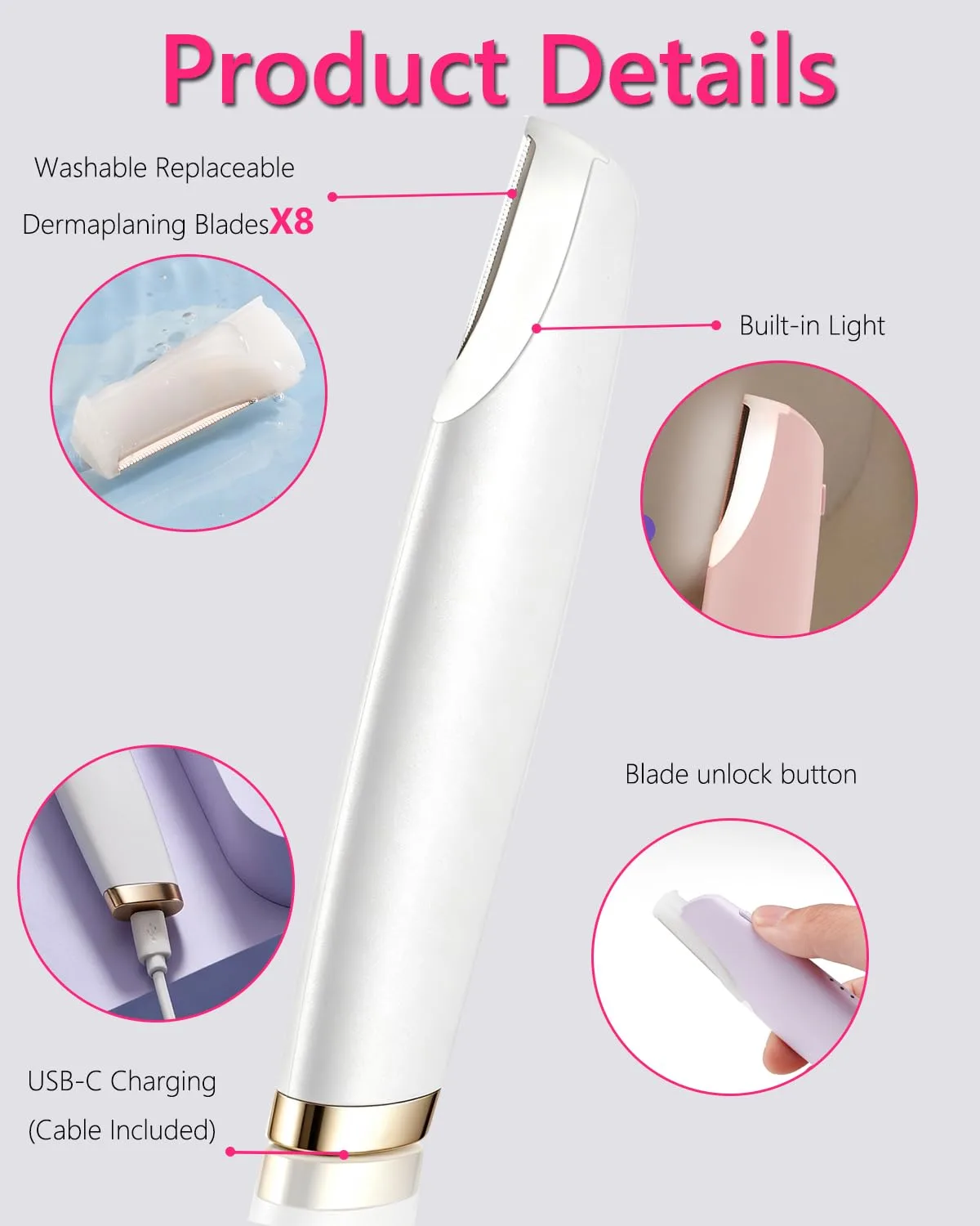 Dermaplane Razor for Women Face |Sonic Facial Hair Remover with LED Light, Electric Peach Fuzz Remover & Facial Exfoliation Tool for Smooth-Looking Skin, Eyebrow Grooming, 8 Replacement Blades,White