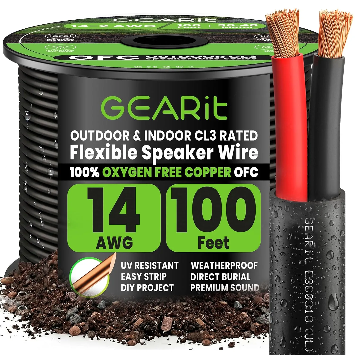 GEARit Speaker Wire 14 Gauge 100 ft, UL CL3 Rated 14 Gauge Wire Copper Wire