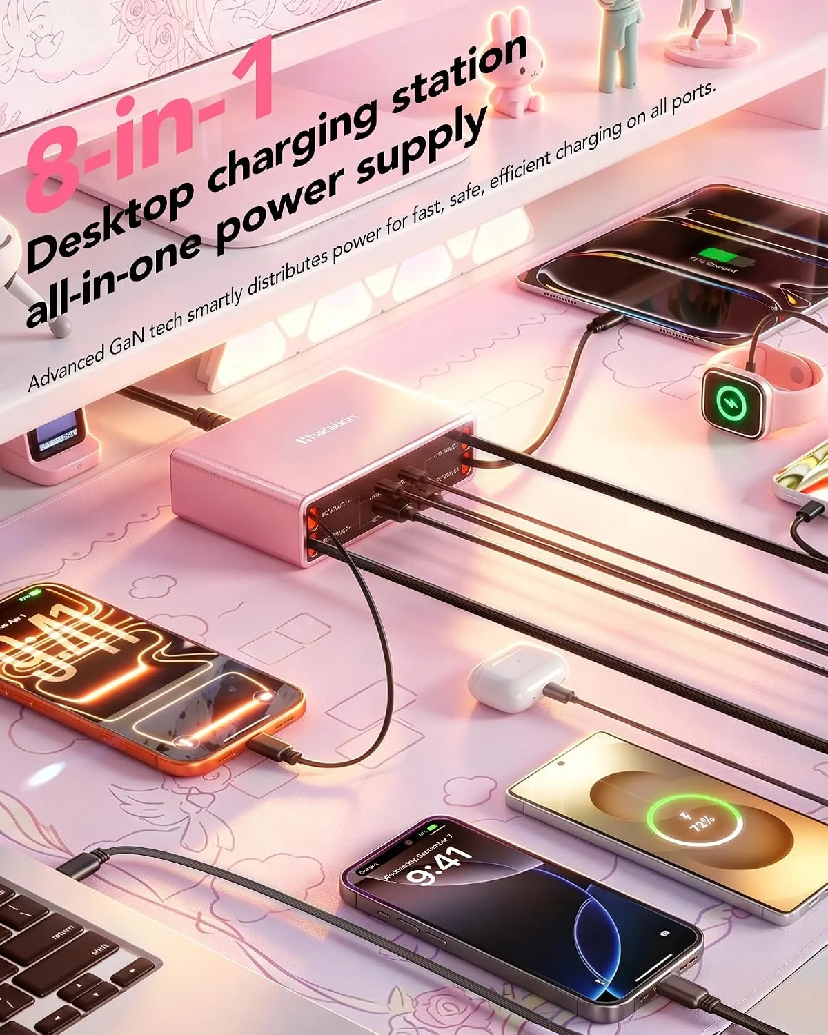 8-in-1 Charging Station for Multi Device,Fast Charger Retractable 65W Cable