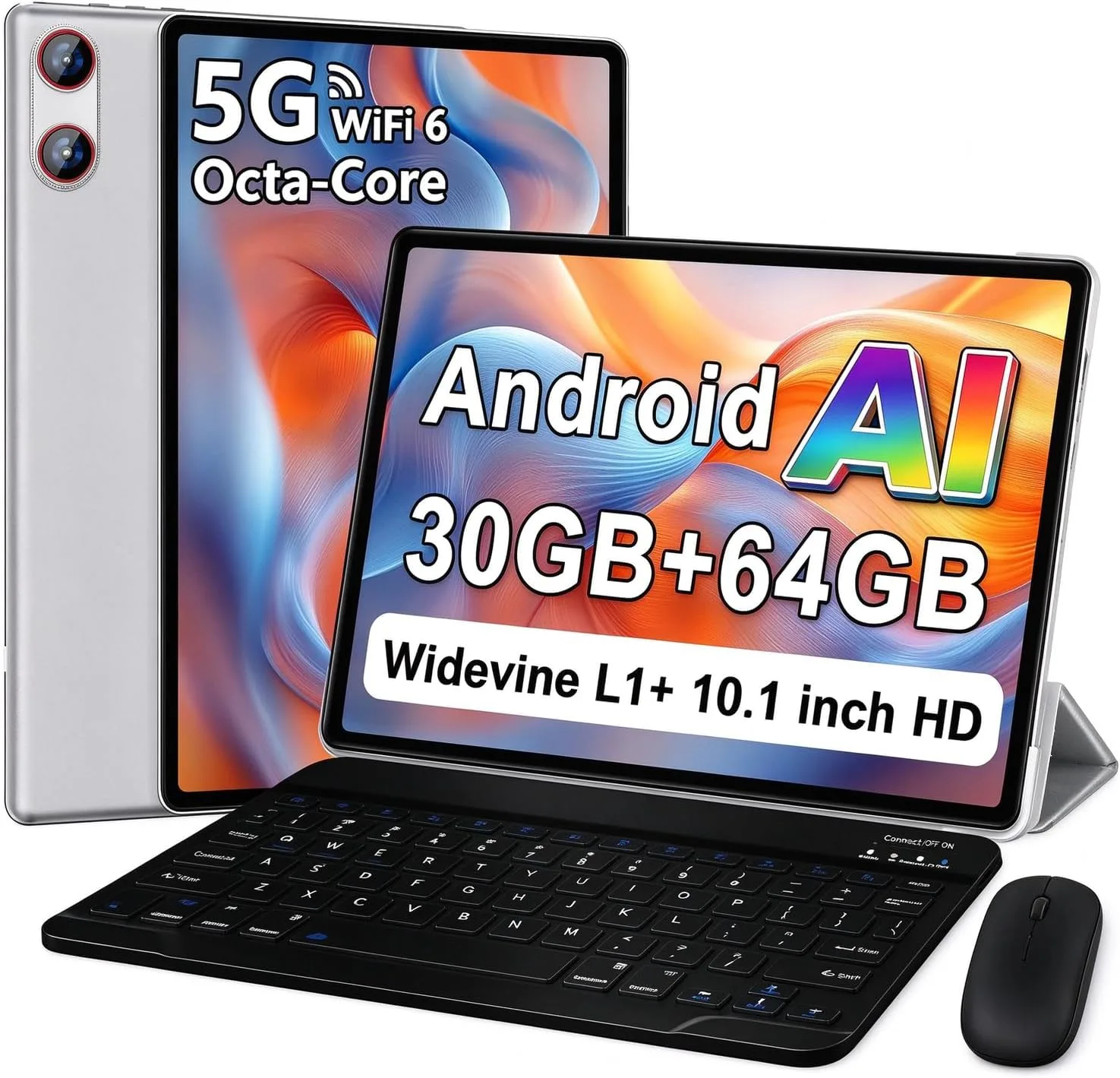 Android Tablet with Keyboard 30GB+64GB+1TB, Tablet 10 Inch Octa-Core Electronics Tablets, Gemini AI, 6000mAh, HD IPS Display, 5G WiFi, Widevine L1, Split Screen - Sliver