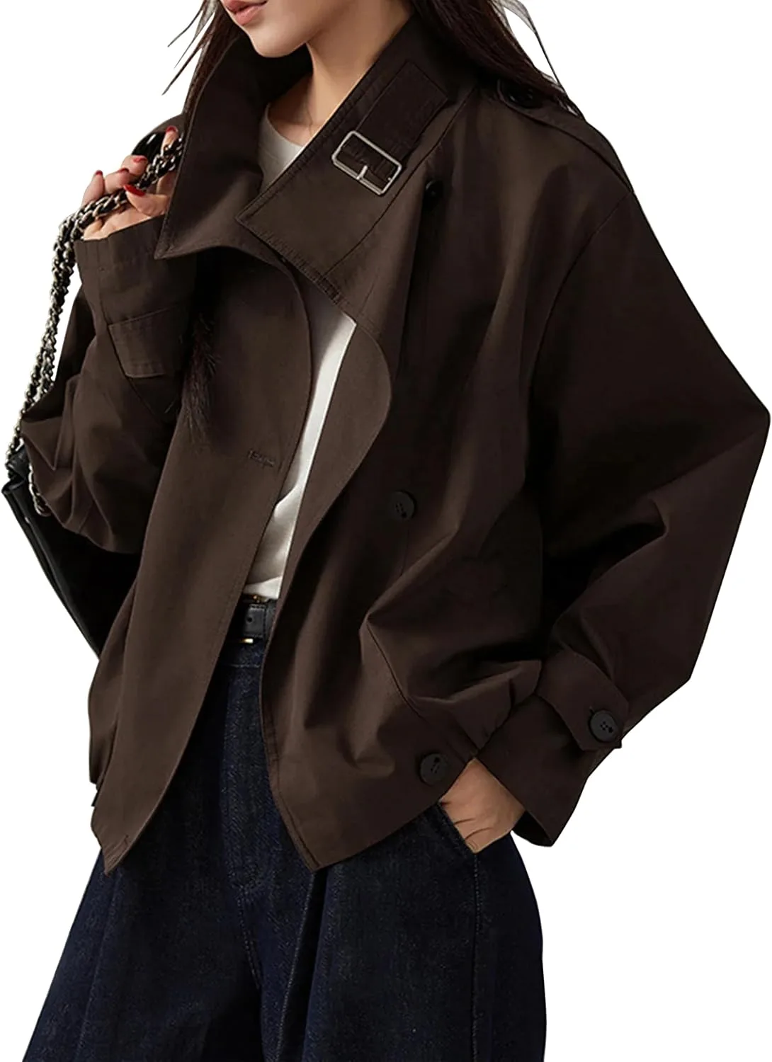 Megfie Jackets for Women Vintage Trench Coat Funnel Neck Cropped Jackets