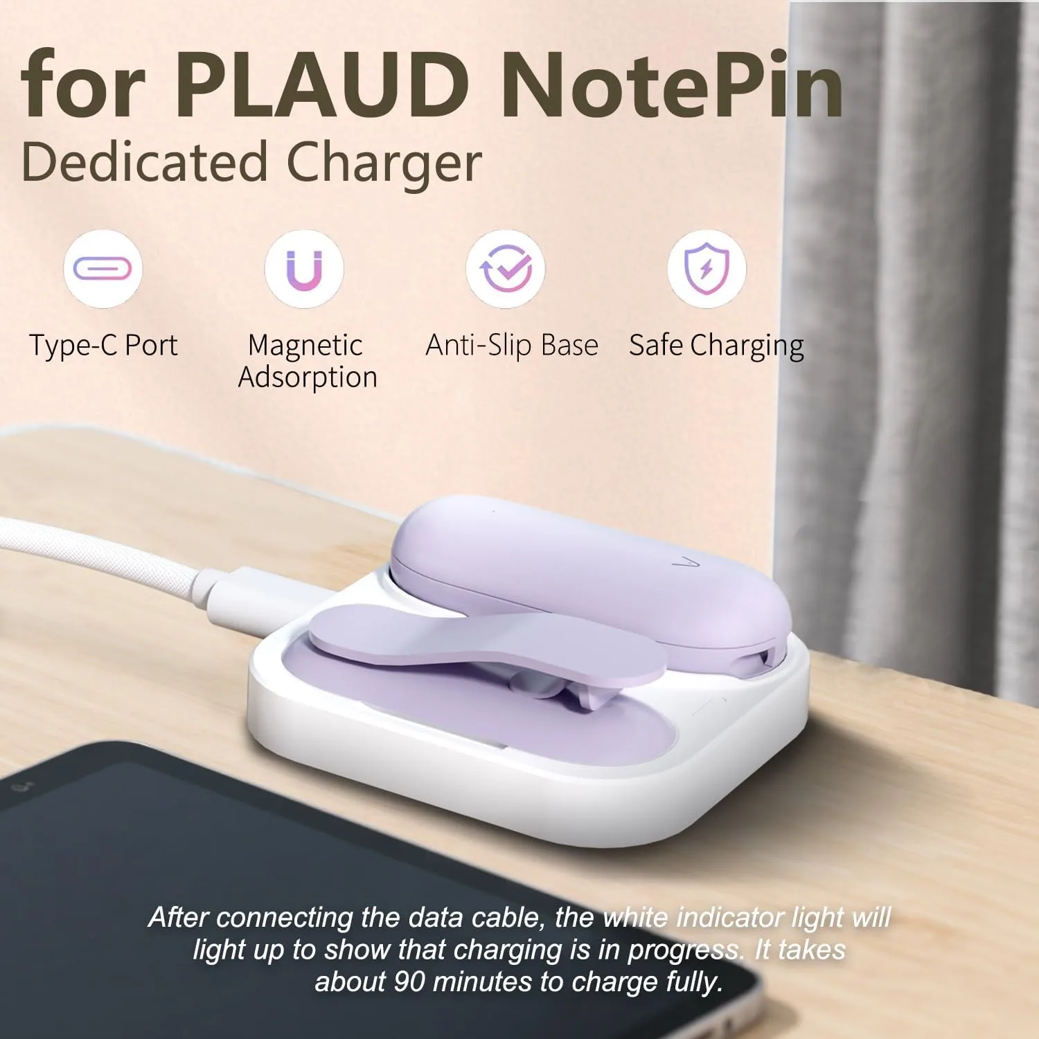 2-in-1 Magnetic Charging Dock for PLAUD NotePin S Voice Recorder with USB-C Braided Cable, Fast Charging Replacement Accessory for NotePin AI Voice Recorder