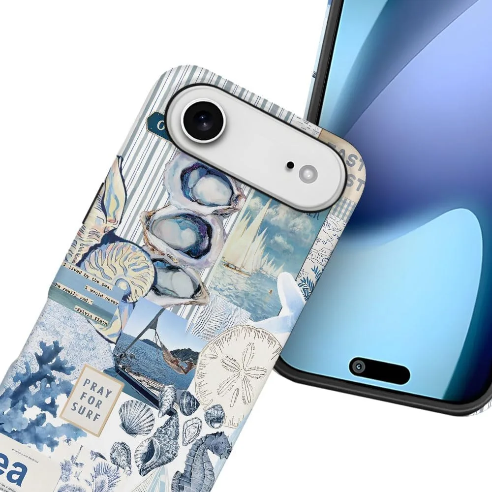 Case Compatible with iPhone 17 Air,Fall Prevention Hybrid 2-Layer Hard Shell Phone Cover for Girls Boys,Seashell Ocean Blue Retro Collage