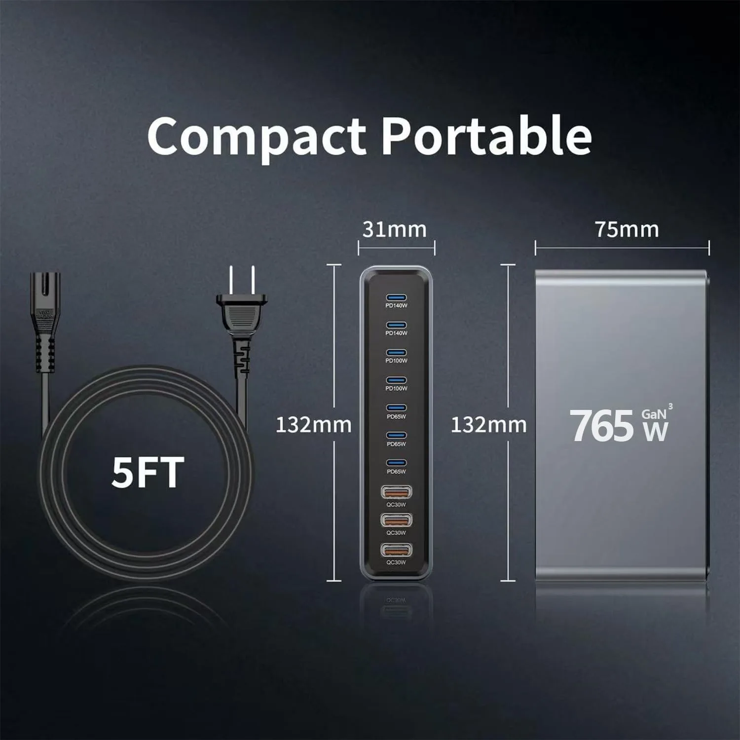 765W 10-Port GaN 3 Desktop Charging Station for Phones, Tablets, Laptops, Smartwatches & Earphones - Home, Office & Travel Compatible