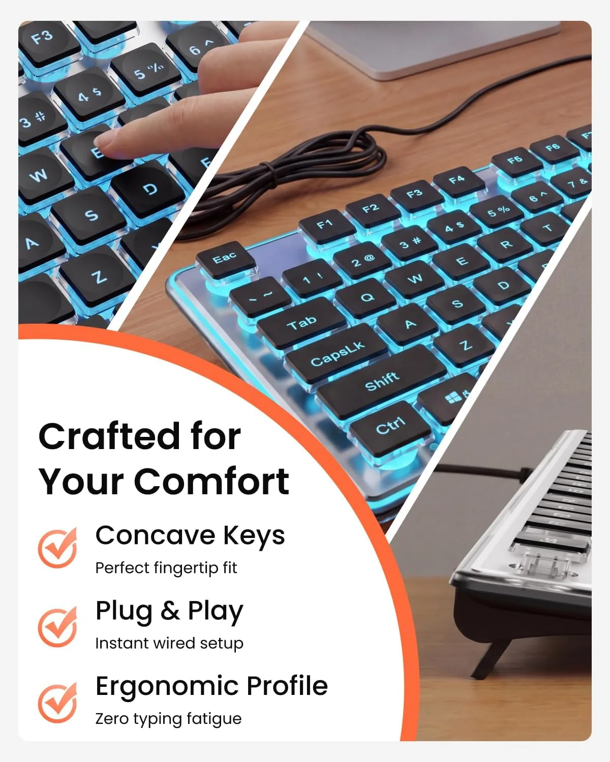 Wired Keyboard with Blue Backlit, Never Fade, Soft Click Typing, Black