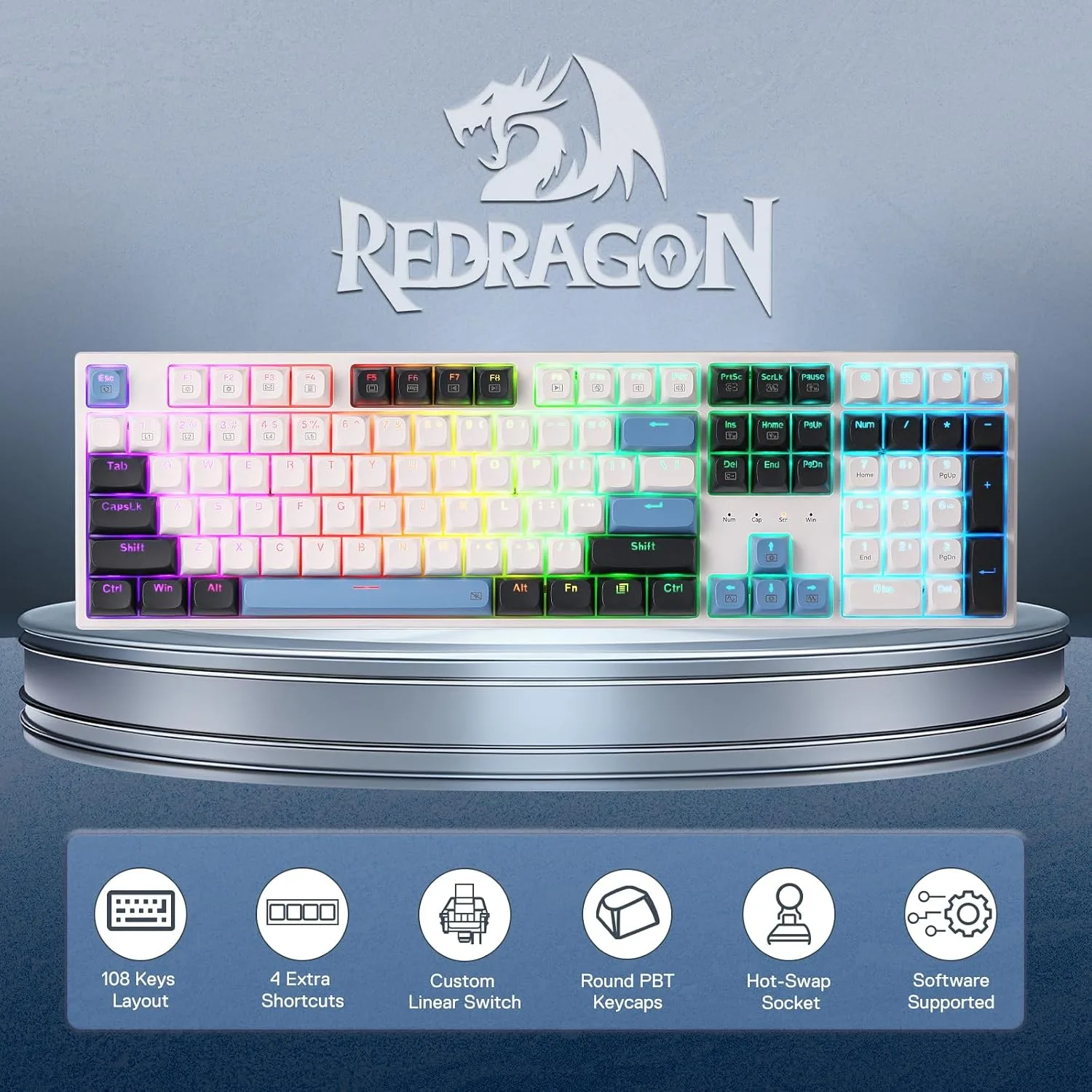 Redragon K668 108-Key Hot-Swap Wired RGB Gaming Keyboard, Extra 4 Hotkeys