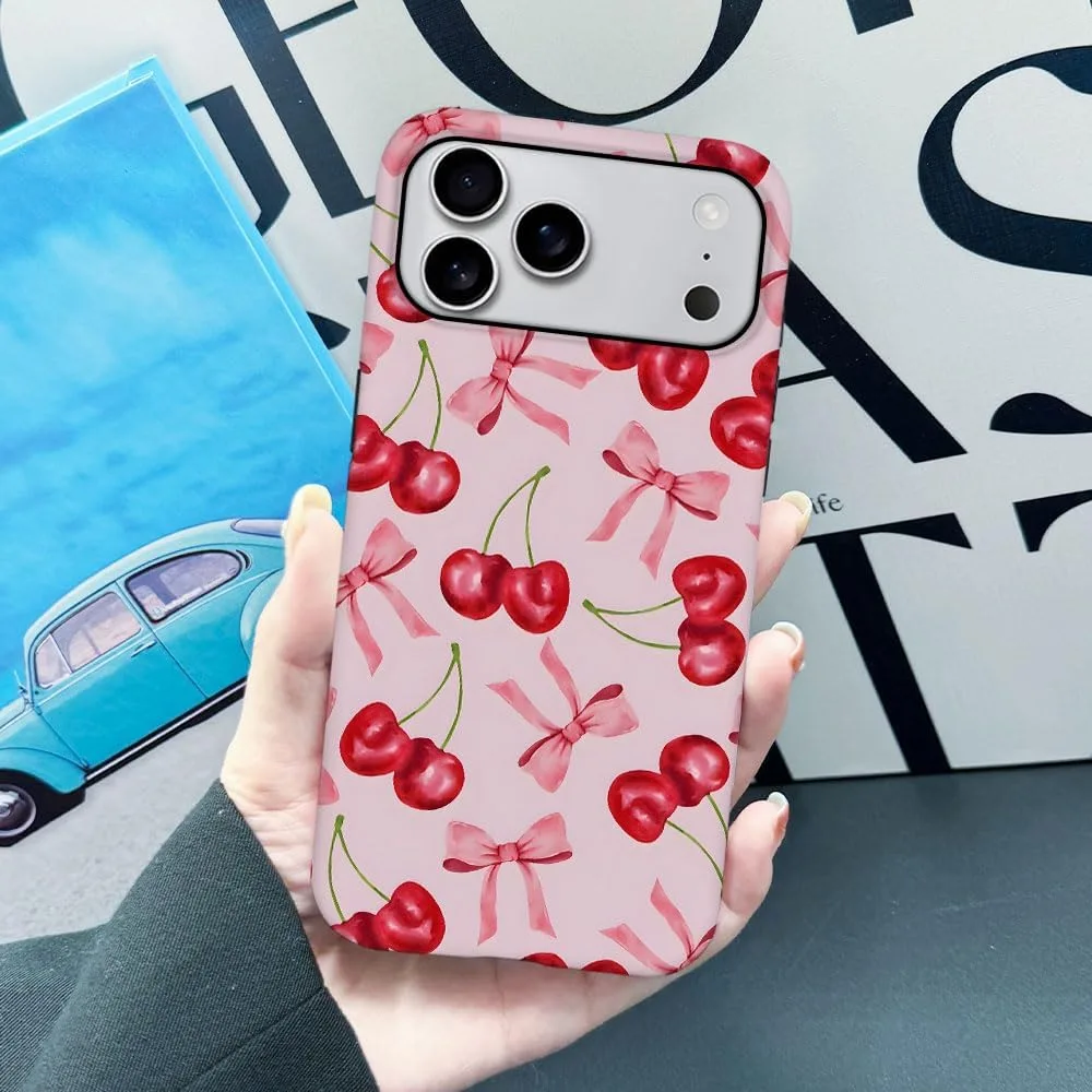 Case Compatible with iPhone 18 Pro Max/iPhone 17 Pro Max,Fall Prevention Hybrid 2-Layer Hard Shell Phone Cover for Girls Boys,Pink Bow Cherry Ribbon Fruit