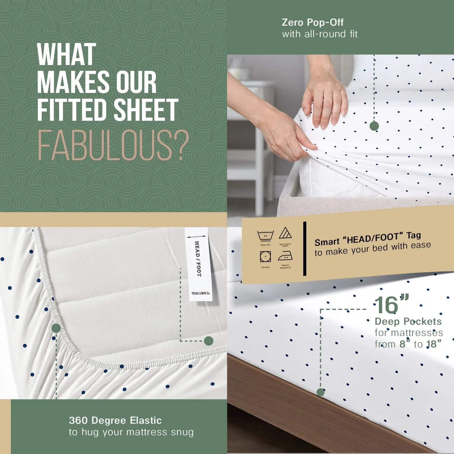 TEXAS LINEN CO. 100% Organic Cotton Percale Sheets King Size - 4 PC Organic Cotton King Size Percale Printed Sheet Sets, Soft, Crisp, Cooling Sheets, 16" Deep Pocket Hotel Bed Set - Navy Polka Dot