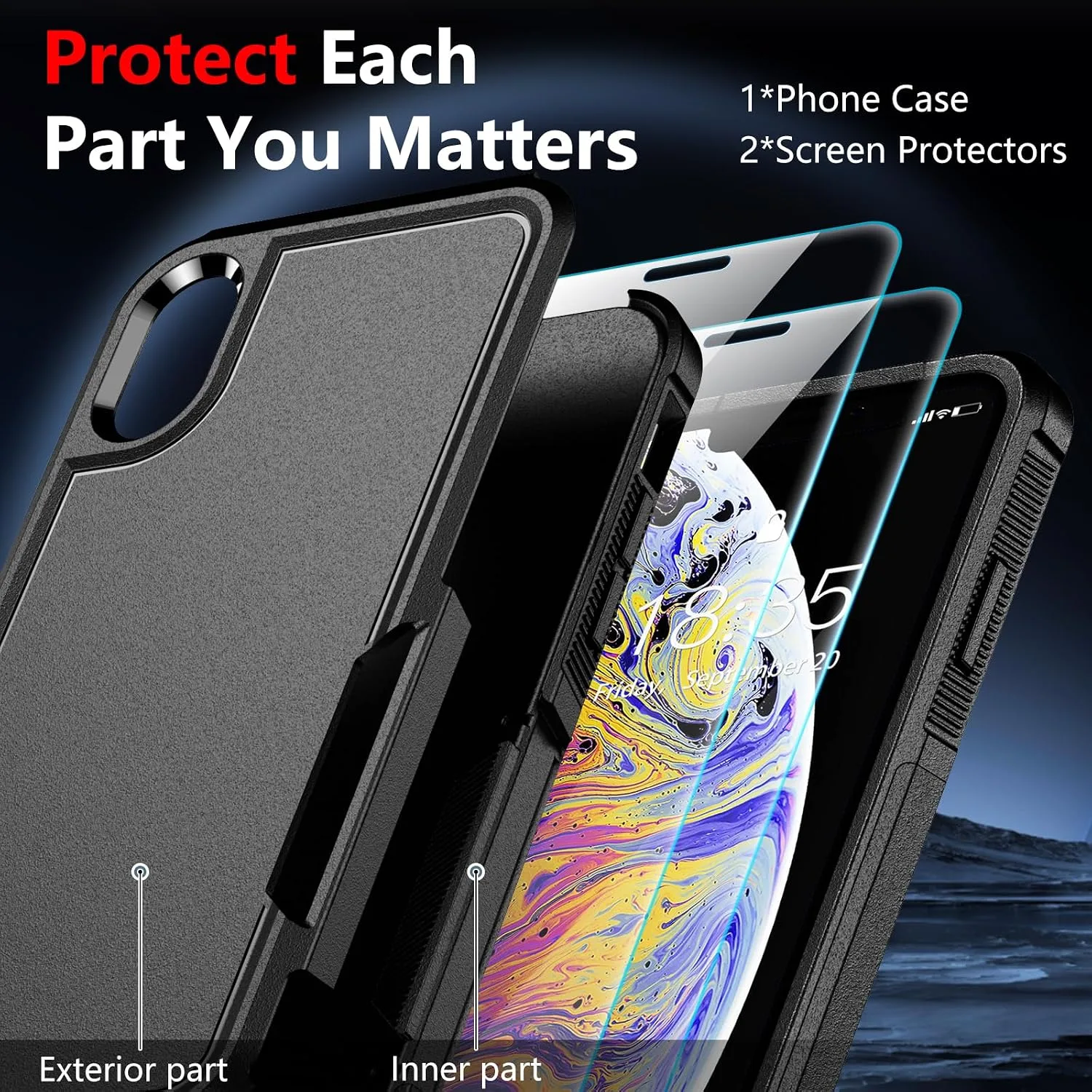 SPIDERCASE for iPhone X Case/iPhone Xs Case, [Shockproof][Dropproof] [Non-Slip] [2 pcs Tempered Glass Screen Protector] Heavy Duty Phone Case Cover for iPhone X/XS 5.8,(Black)