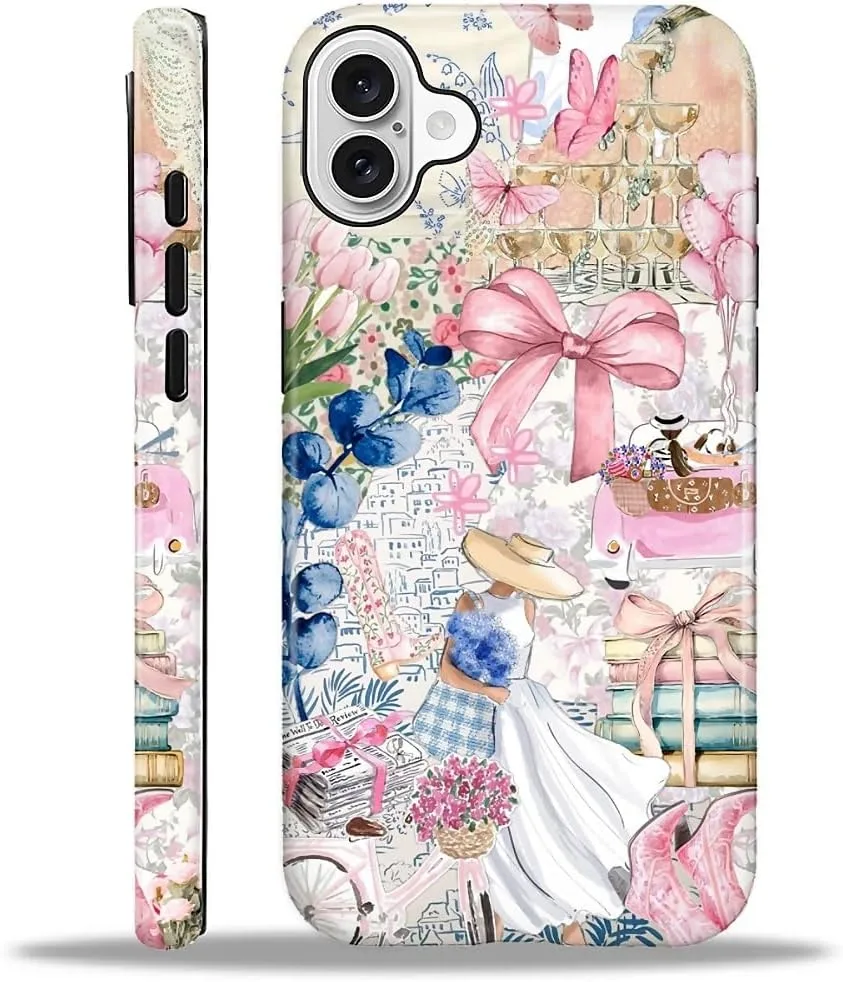 DAIZAG Case for iPhone 16,Mixed 2 Layer Design Shockproof Soft TPU Ddouble Protection Phone Case for iPhone 16-Magazine Books Flower Bow Collage