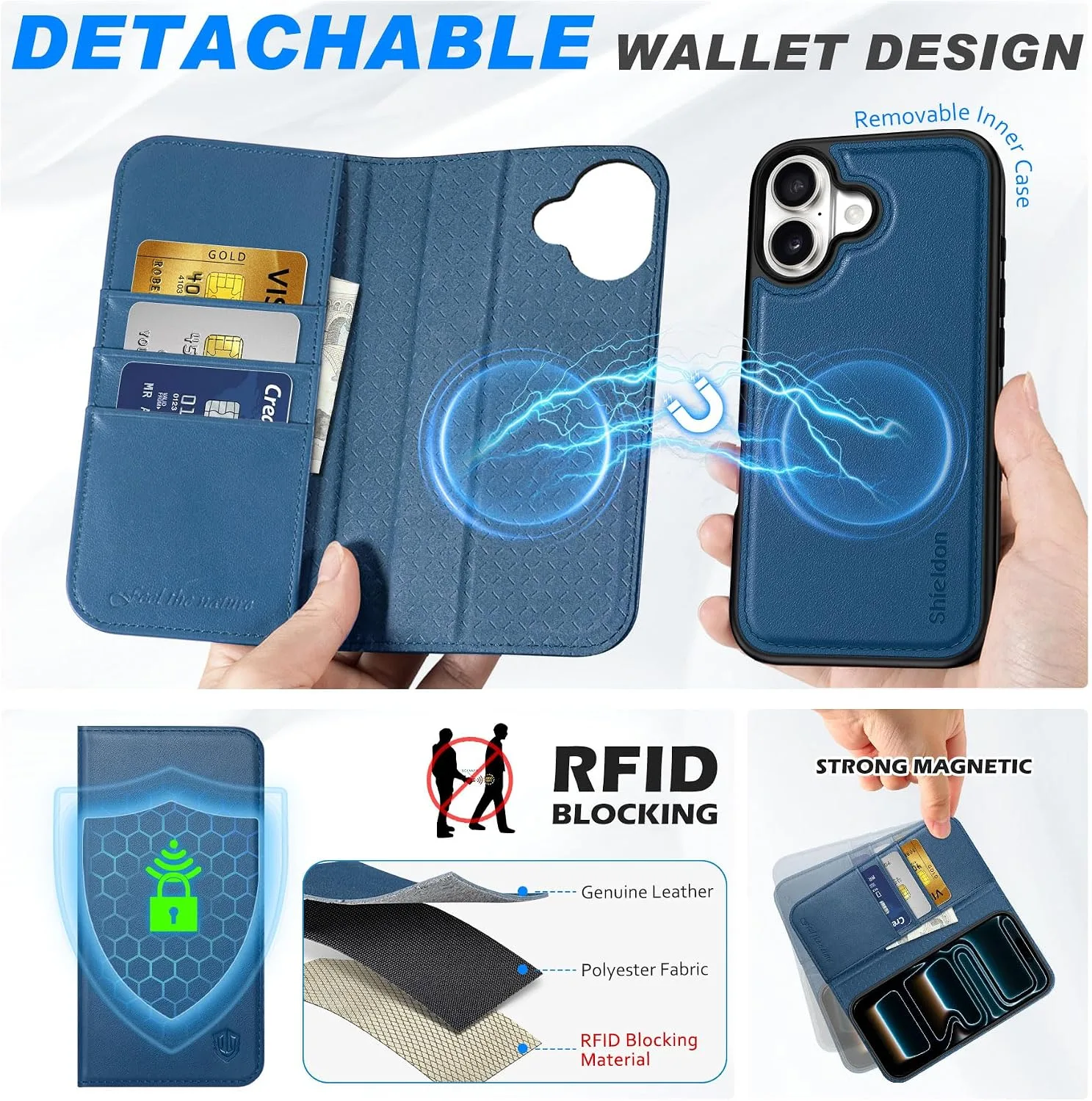 SHIELDON Detachable Leather Case Wallet for iPhone 17 6.3" 2025, Royal Blue