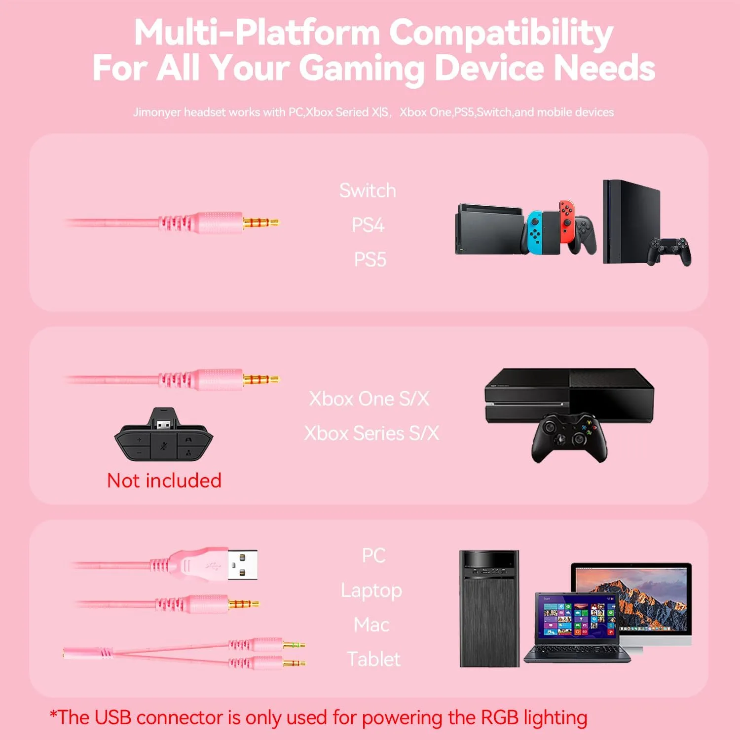 Jimonyer Gaming Headset with Microphone, 7.1 Surround Sound and Noise Canceling Over Ear Headphones for PC/PS4/PS5/Xbox Series/Switch, RGB Light and Soft Imitation Protein Earmuffs (PinkCat)