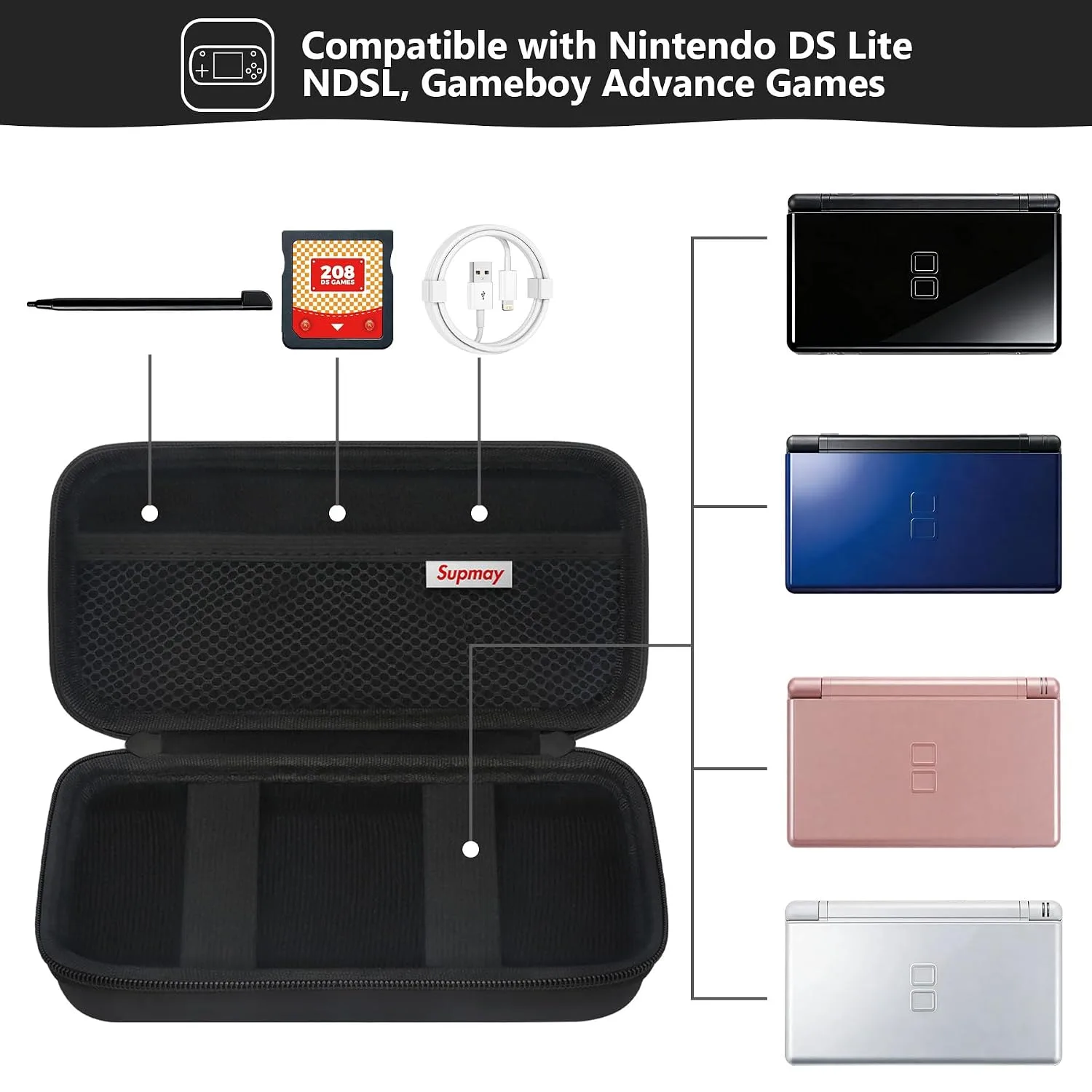 Supmay Hard Carrying Case Compatible with Nintendo DS Lite NDSL, Gameboy Advance Games Storage Holder Travel Bag with Mesh Pocket for USB Charging Cable, Stylus, Earphones, Game Cartridge, Black