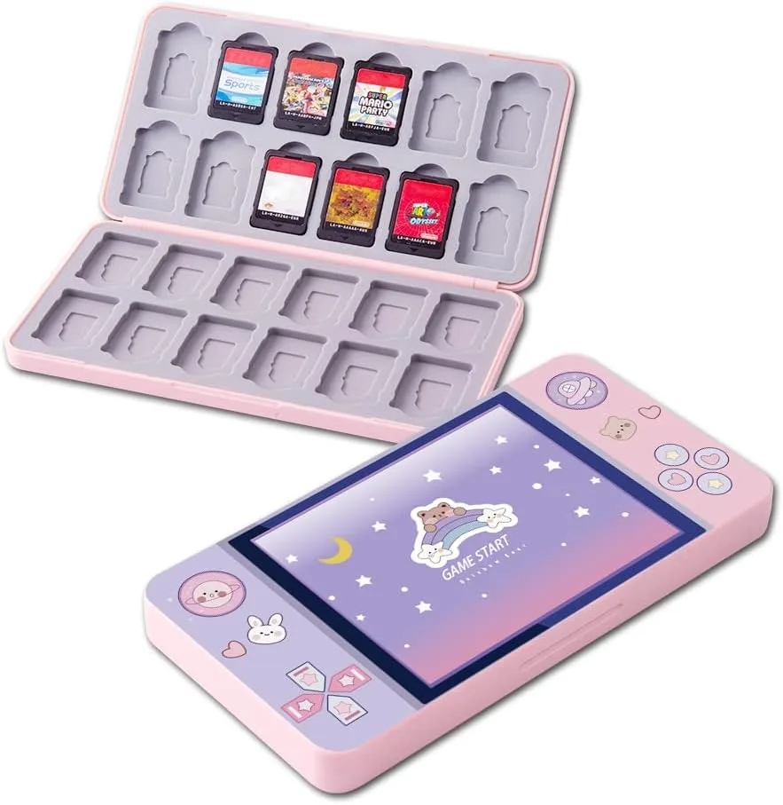 PERFECTSIGHT Switch Game Case Compatible with Nintendo Switch 2/ OLED/ Lite, 24 Switch Game Holder，Cute Switch Game Card Case Cartridge with 24 Slots Card Storage (Rabbit Bear)