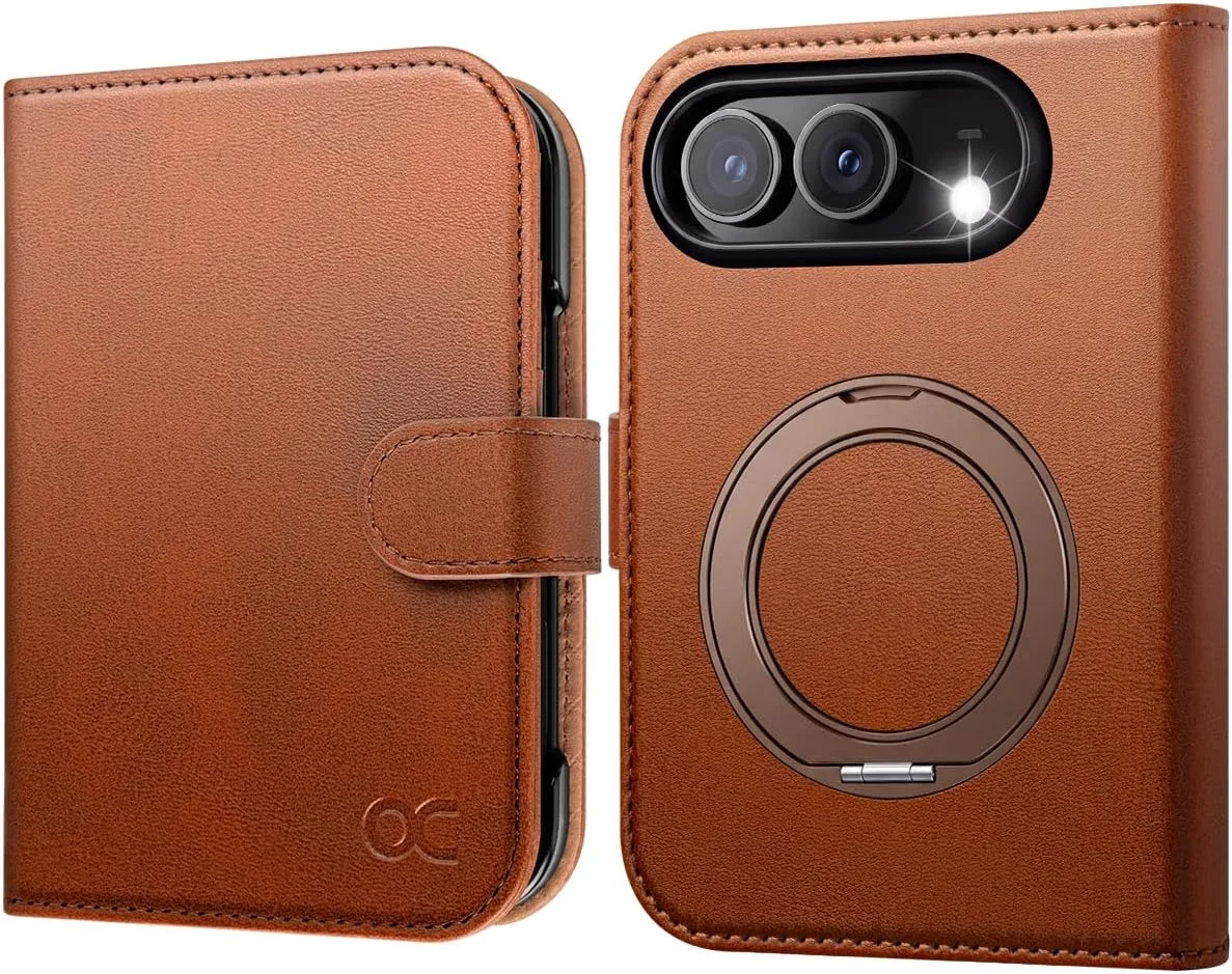 OCASE for iPhone Duo Wallet Case with Ring Stand, Card Holder, Brown