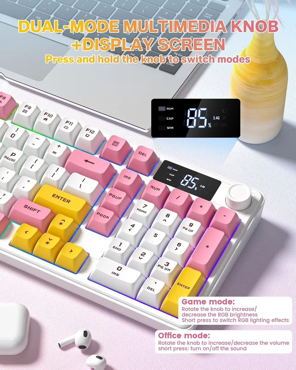 Keymatic Gaming Keyboard Wireless Creamy Keyboard w/Media Knob&Screen