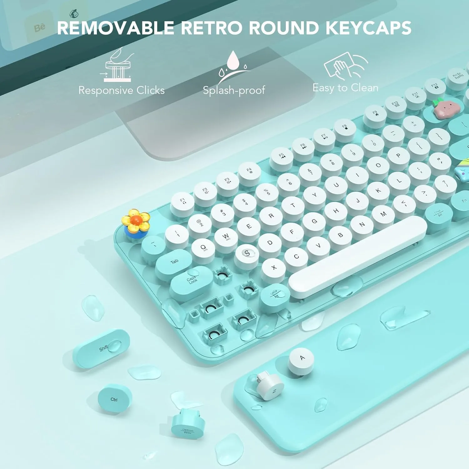 Wireless Keyboard, Round Keycaps, Retro Typewriter Keyboard with Detachable Wrist Rest, Sleep Mode, Foldable Legs, 2.4GHz Full-Size Cordless Computer Keyboard for Windows/PC/Laptop (Tiffany Blue)