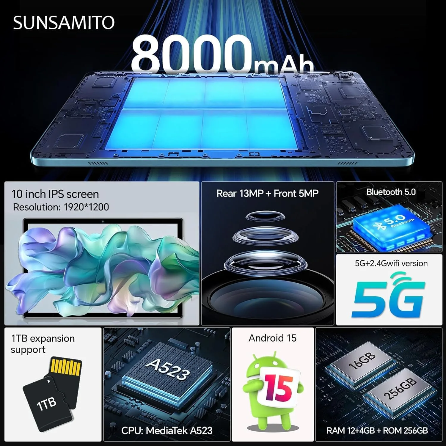 R6 Tablet Android 15, 10 Inch IPS Touchscreen, Octa-Core Processor, 16GB RAM + 256GB ROM, 13MP + 5MP Dual Camera, 8000mAh Battery, Dual-Band WiFi (2.4G/5G), Tablet for Work and Study