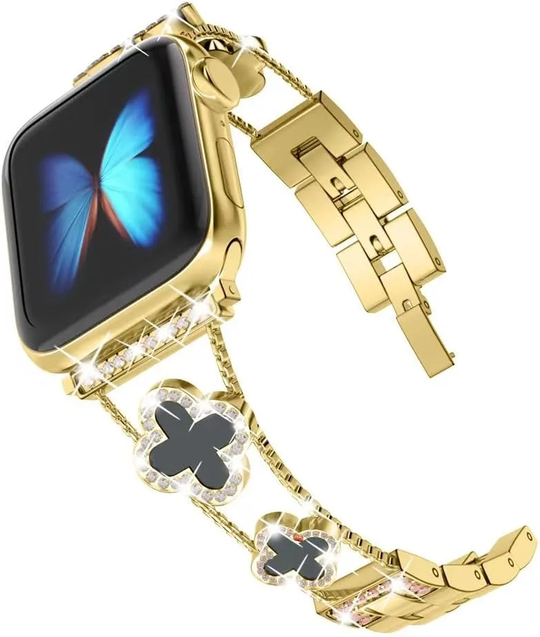 Musk-MSKR Diamond Metal Bands Add Sparkle to Your Watch For Apple Watch Series 12/11/10/9/8/7/6/5/4/3/2/SE/Ultra Clover Simple and Stylish Compatible with 38mm40mm41mm42mm44mm45mm 46mm49mm Women's Wear