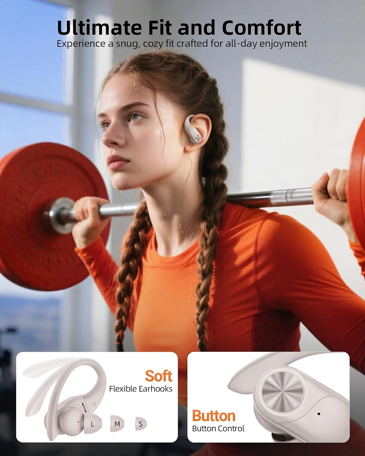 PocBuds Bluetooth Headphones Wireless Earbuds 80hrs Playtime Wireless Charging Case Digital Display Sport Ear Buds with Earhook Deep Bass IPX7 Waterproof Over-Ear Earphones for Phone Laptop Beige