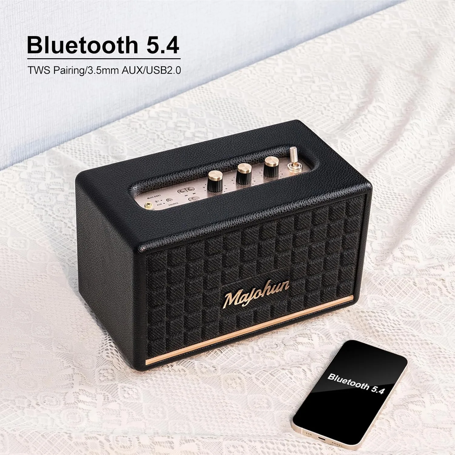 100W Peak Wood Bluetooth 5.4 Speaker, Vintage TWS Stereo (Black)