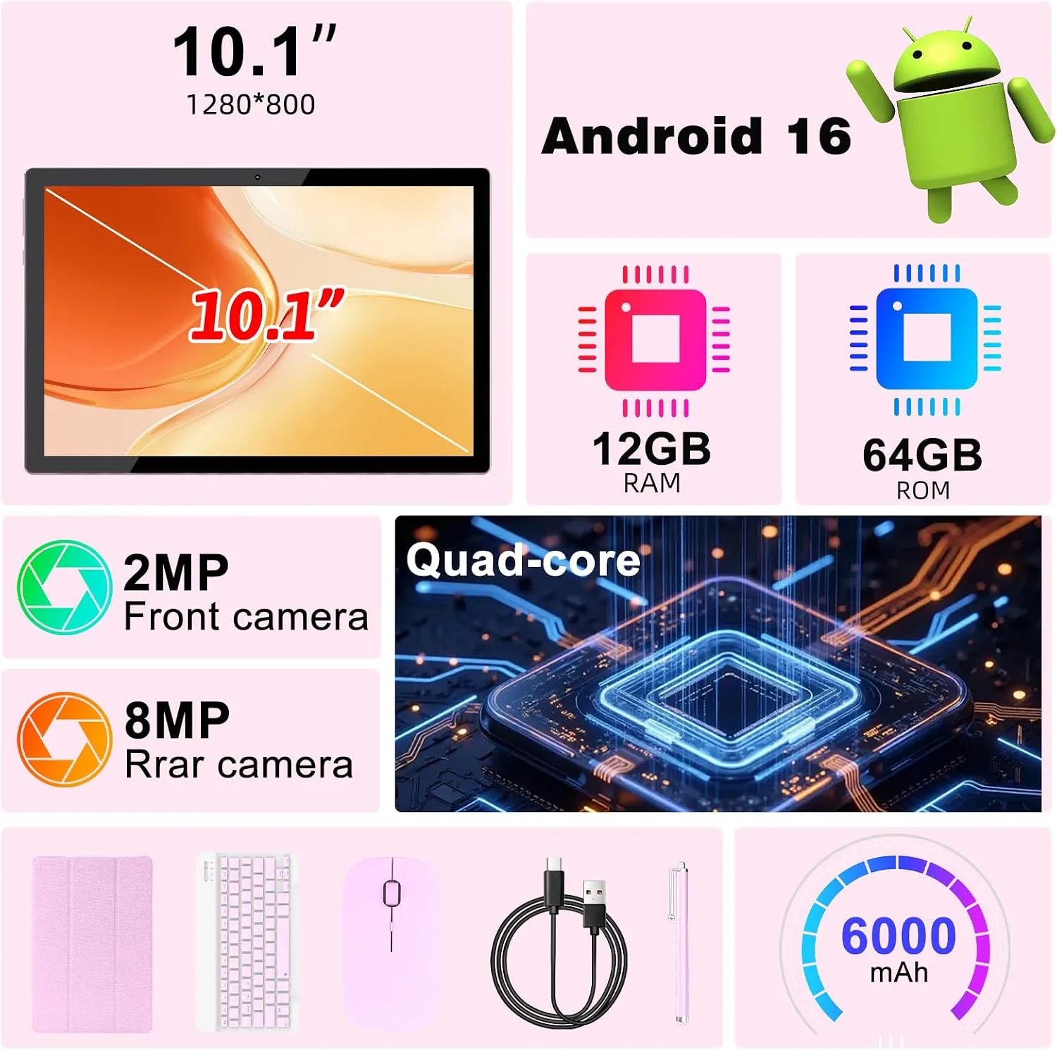 Tablet Android 16 10 Inch 12GB RAM+64GB ROM/ 1TB Expandable, 1280 * 800 HD Touch Screen, 5G WiFi6 BT 5.0, 2 in 1 Tab with Keyboard Case Mouse Stylus (Pink)