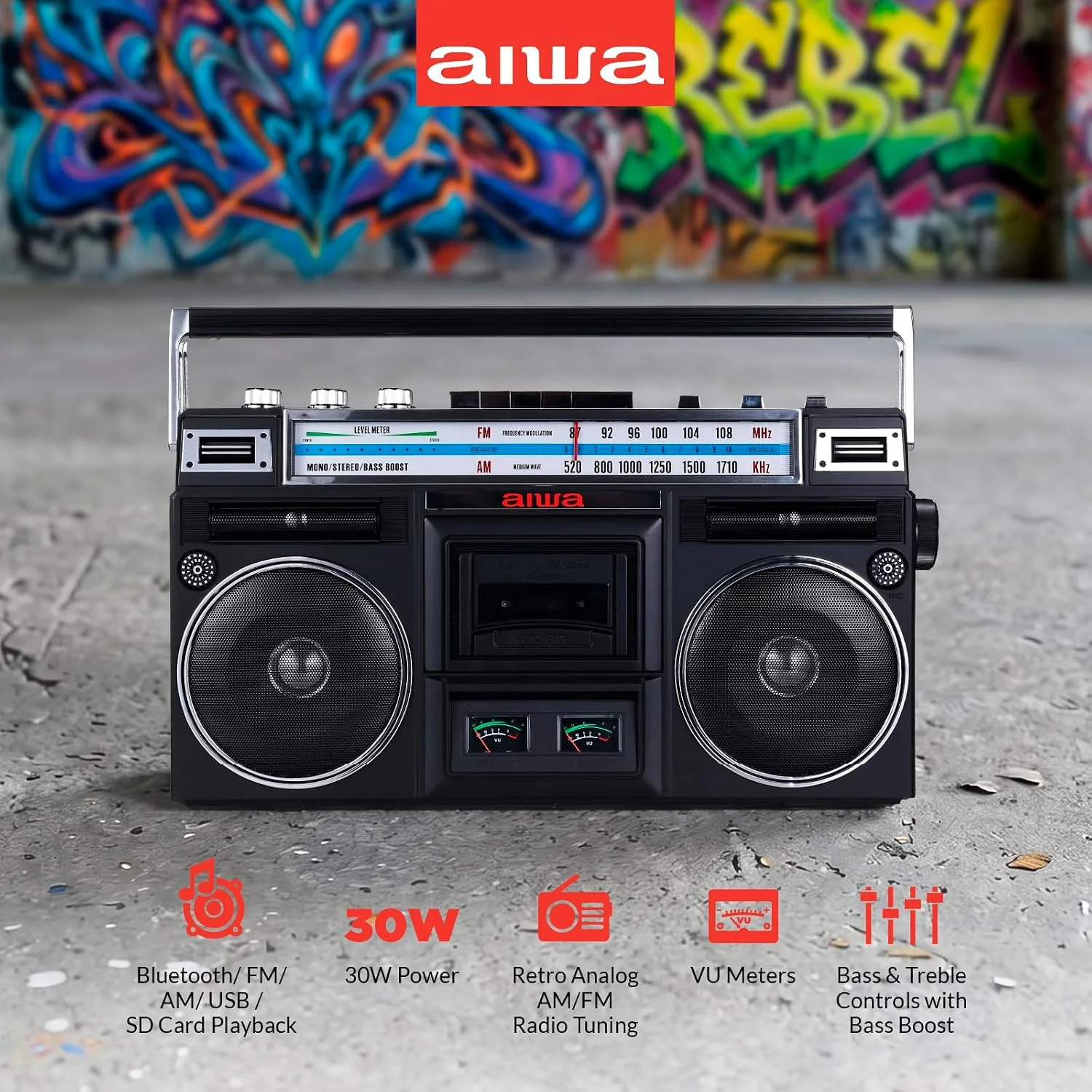 aiwa Portable Retro Boombox BackTrack Jr, Vintage Bluetooth Speaker with Cassette Player, Bluetooth, FM/AM Radio, USB & AUX for Home, Outdoor, and Travel Listening (Black)