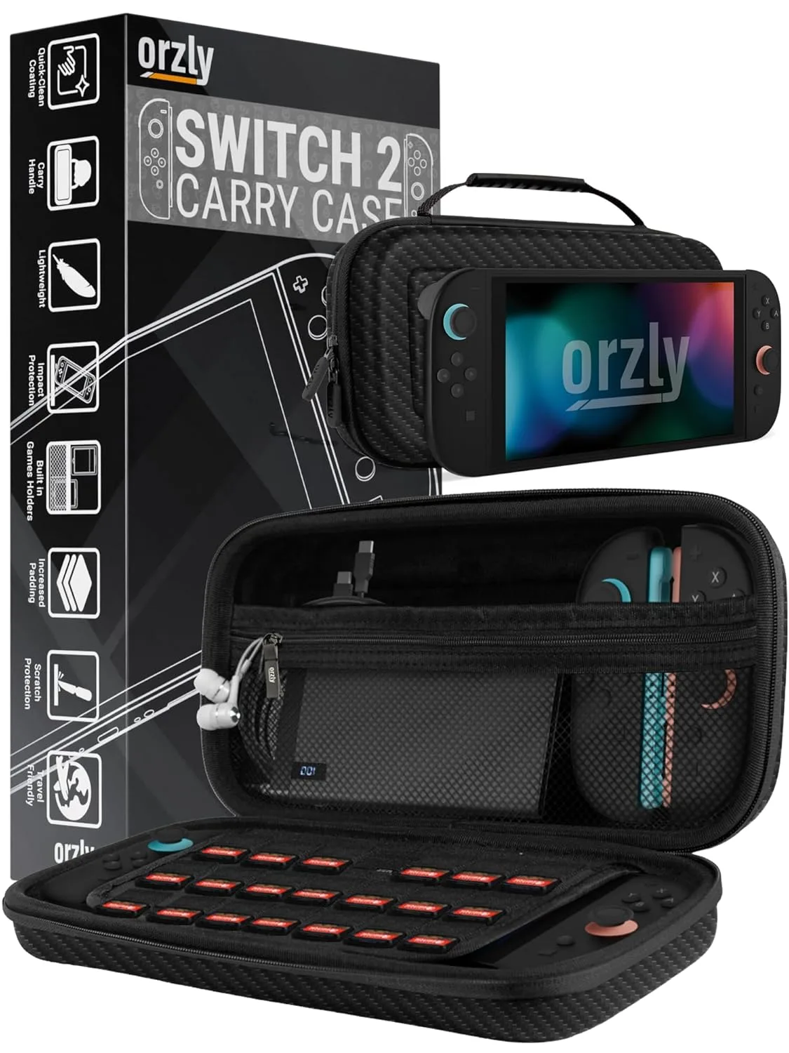 Orzly Case Compatible with Nintendo Switch 2 – Protective Travel Carry Case with Screen Padding, Game Card & microSD Slots, Zipped & Open Pockets for Accessories – 7.9" Gift Boxed